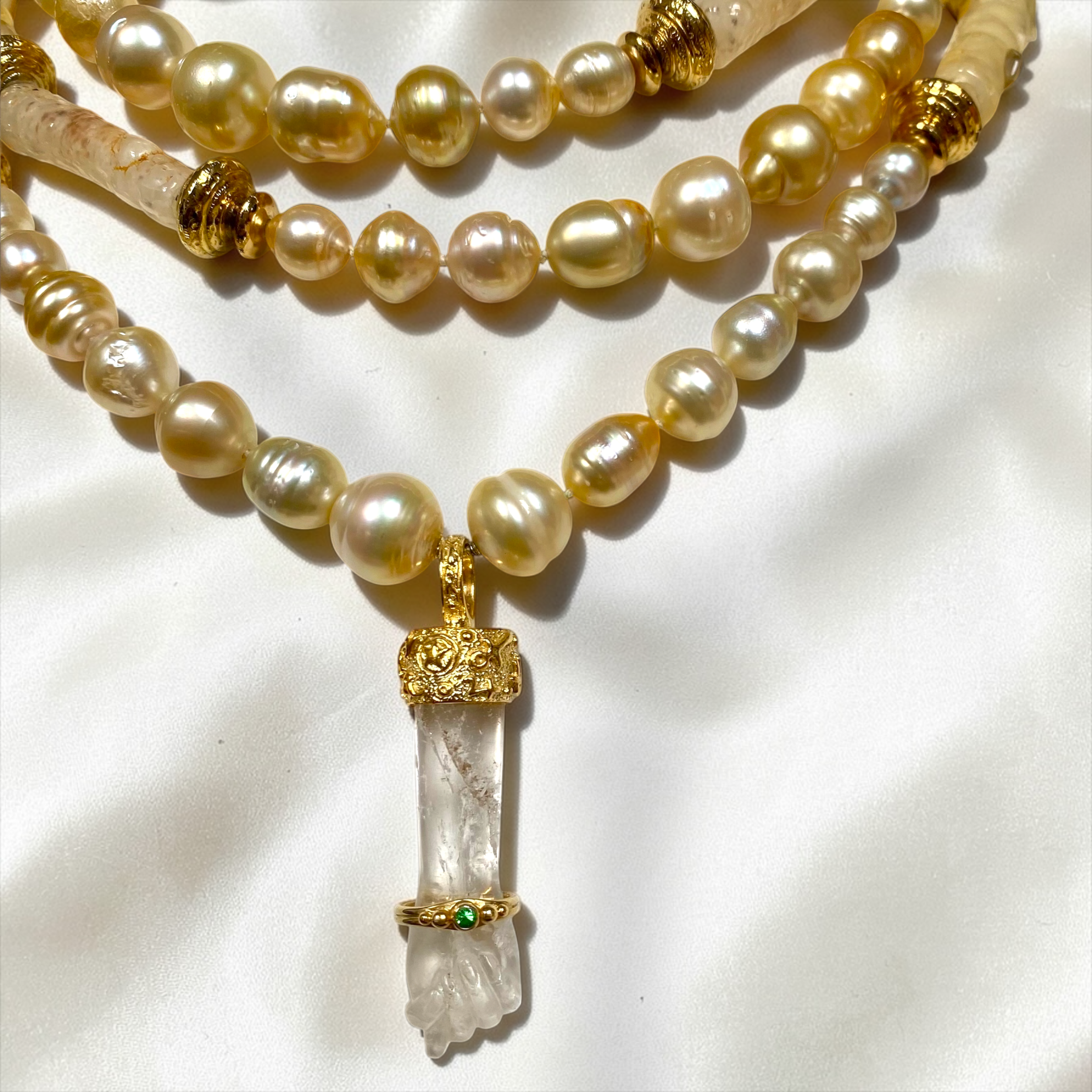 By Danilova, Gold Pearl, Rock Crystal & Peridot Pendant Rope Necklace6.PNG