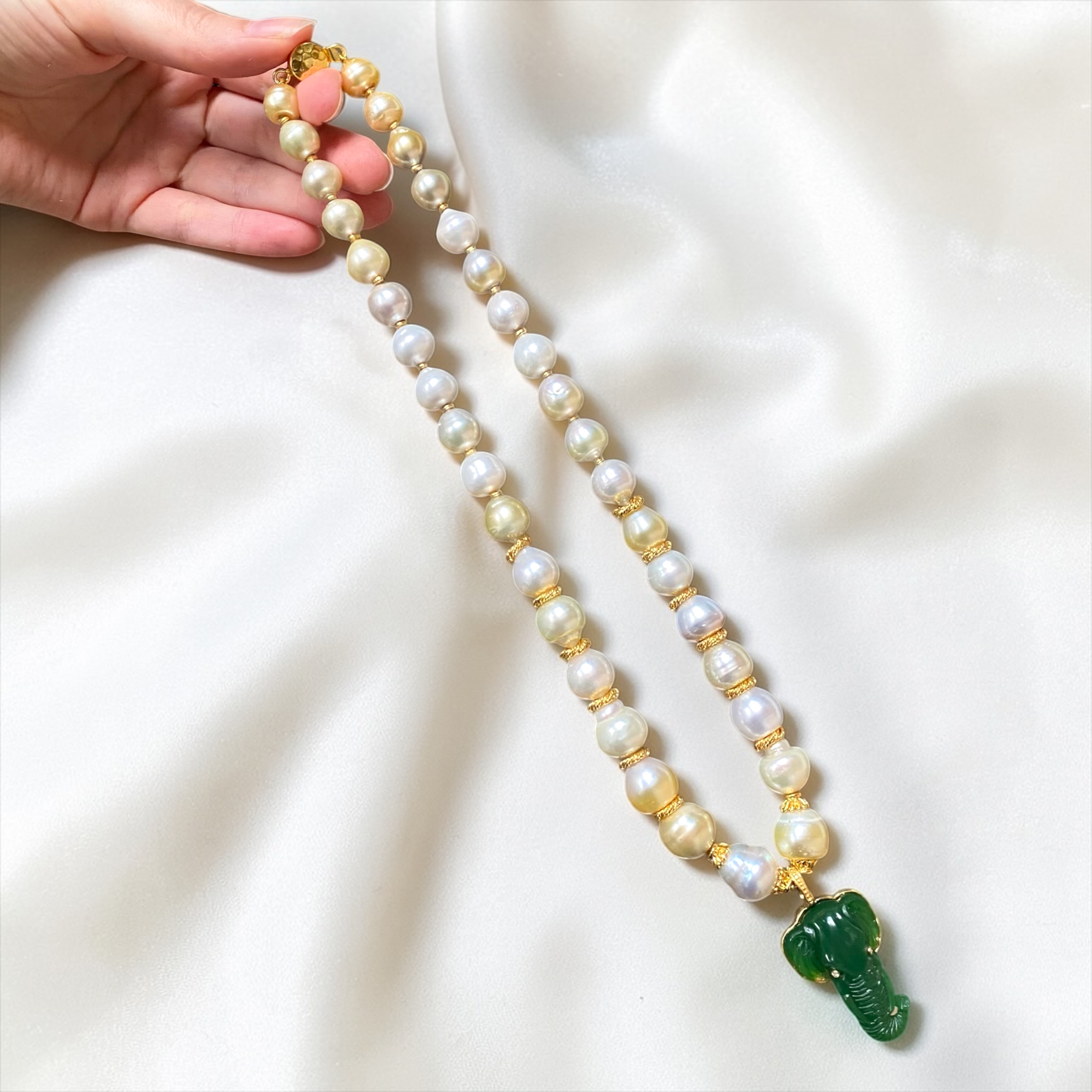 By Danilova, White Pearl, Jade & Diamond Elephant Pendant Necklace13.PNG