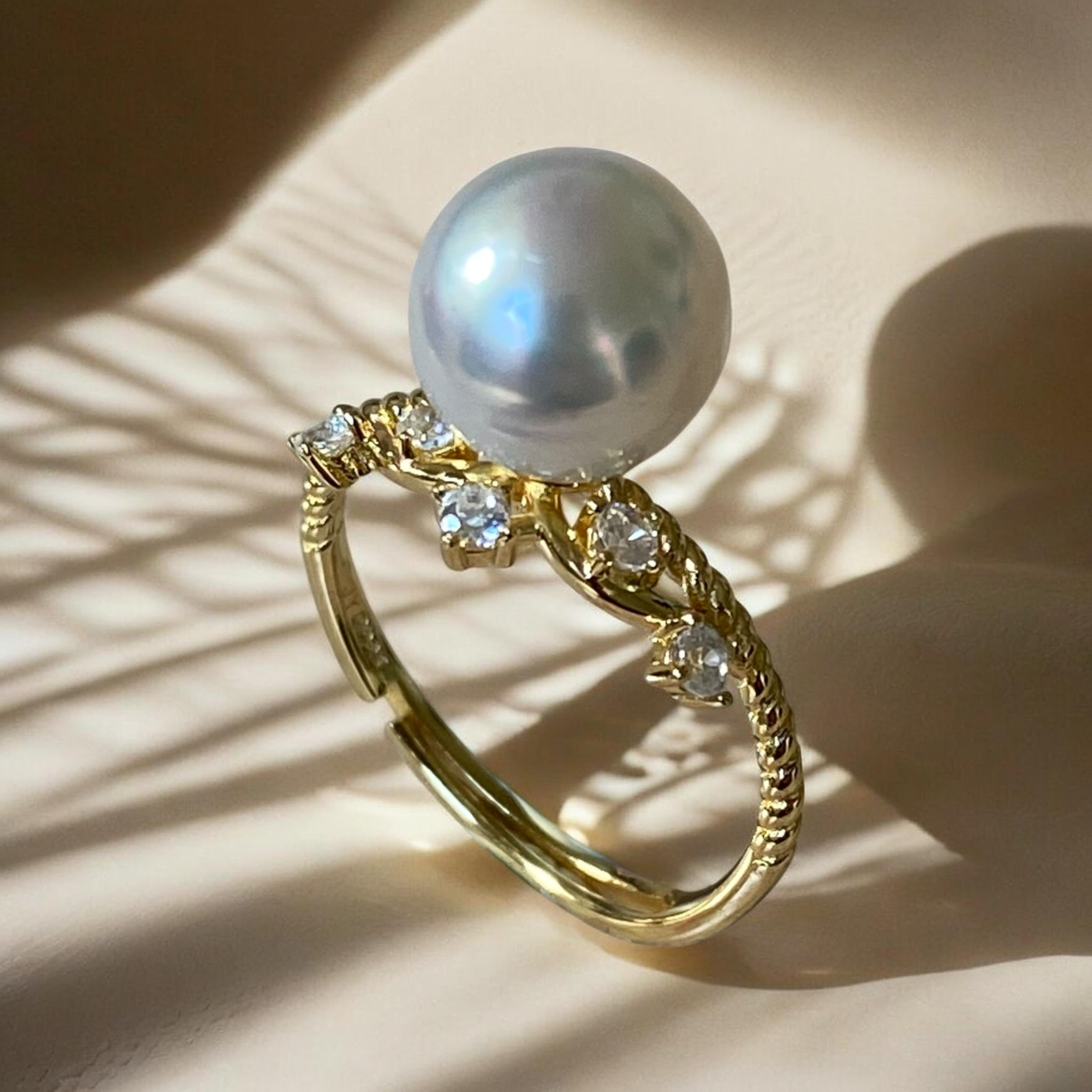 South Sea, White Pearl Ring in Princess Gilded Silver Setting,  Adjustable Band, Size J ½ - N ½
