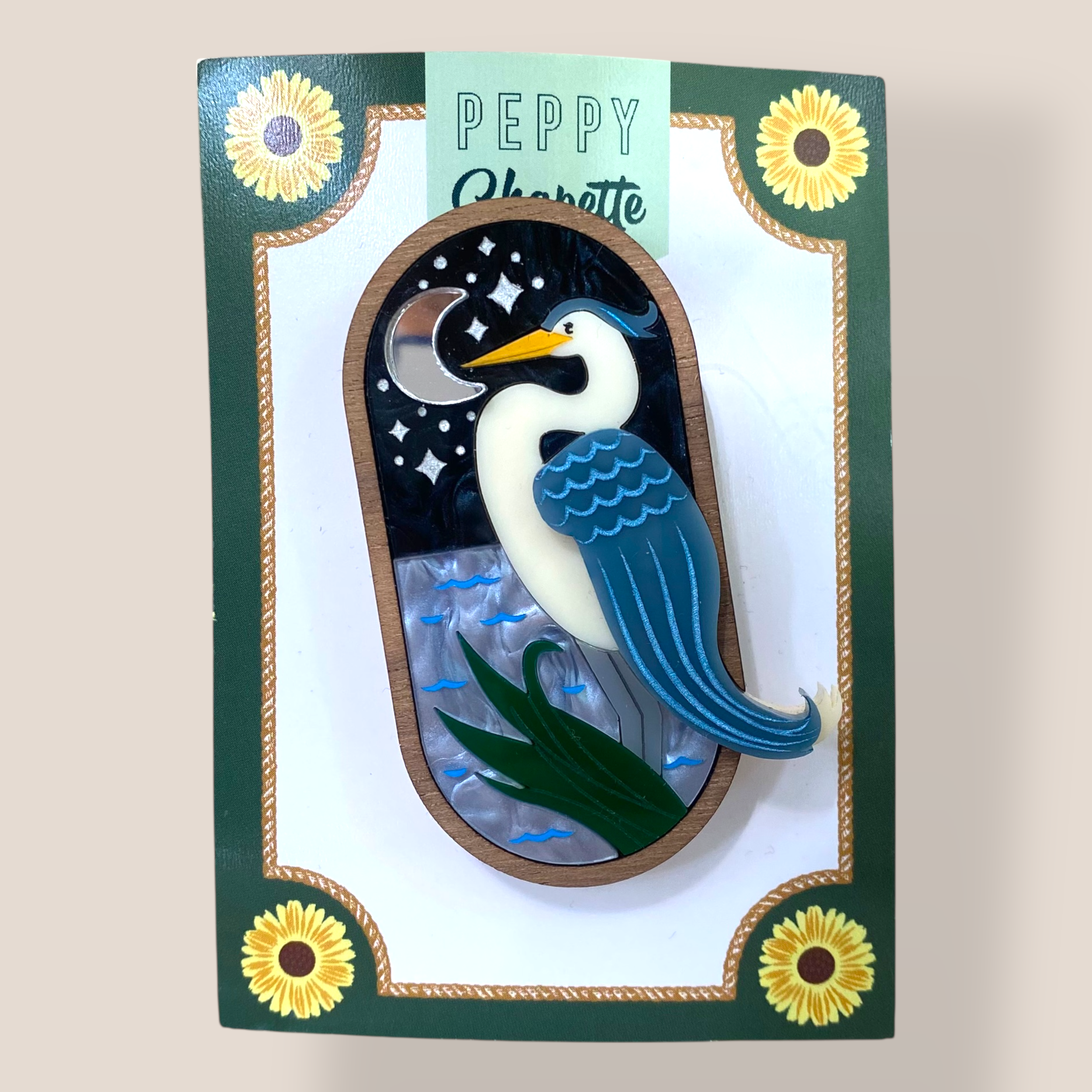 Danilova Jewellery, Peppy Chapette, Moonlight Blue Heron (2022) Acrylic Brooch2.png