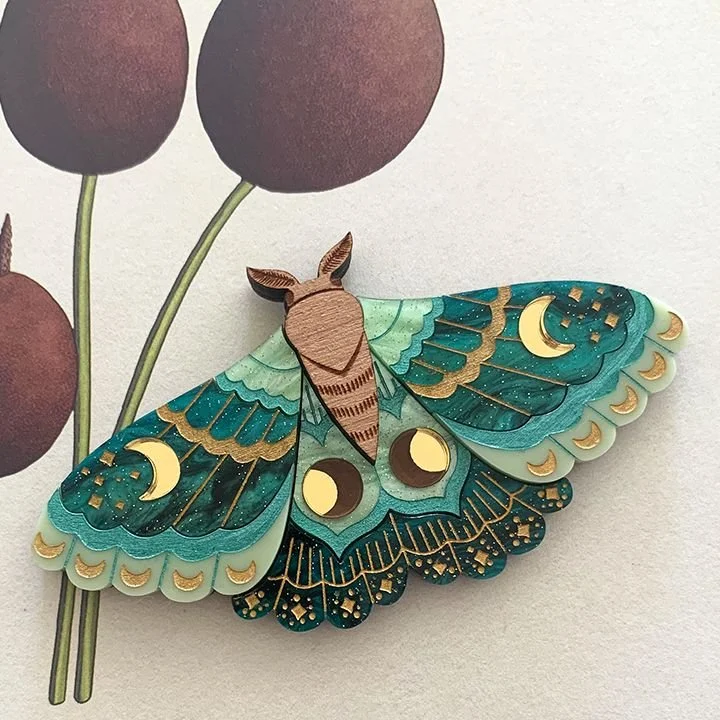 Danilova Jewellery, Peppy Chapette, Emerald Witch Moth (2022) Acrylic Brooch1.jpg