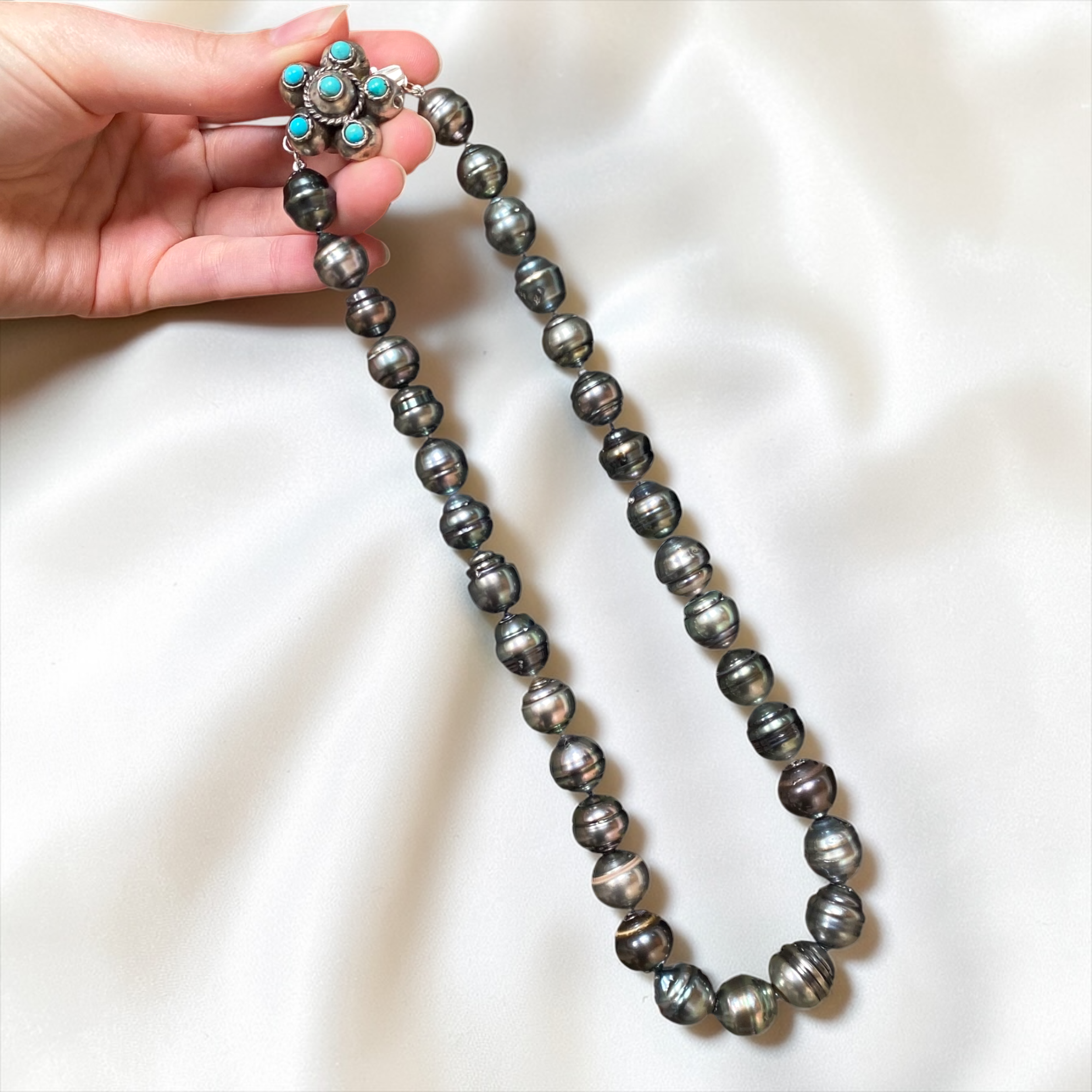 By Danilova, Dark Peacock Pearl and Turquoise Clasp Necklace17.PNG
