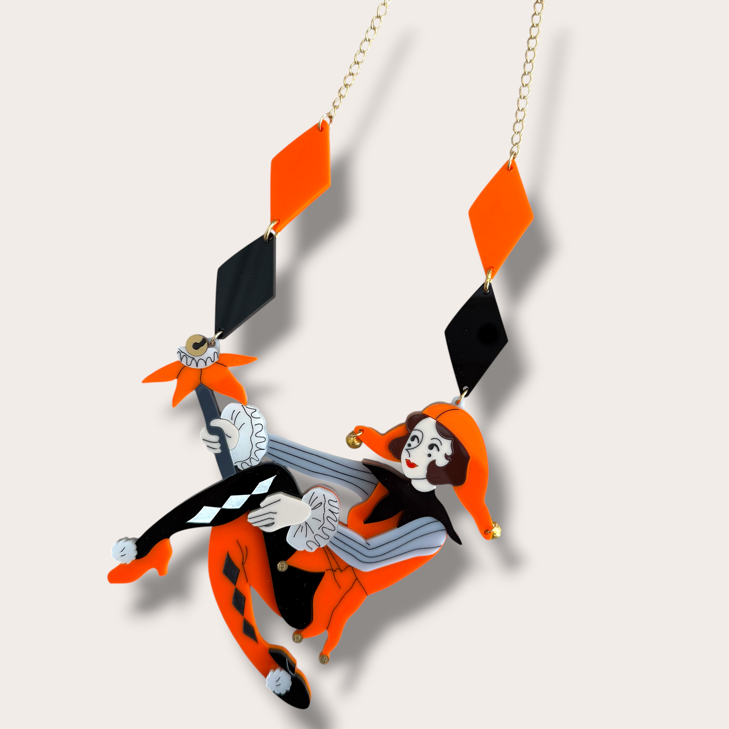 Danilova, La Vidriola, The Jolly Harlequin Doll, Acrylic Necklace4.PNG