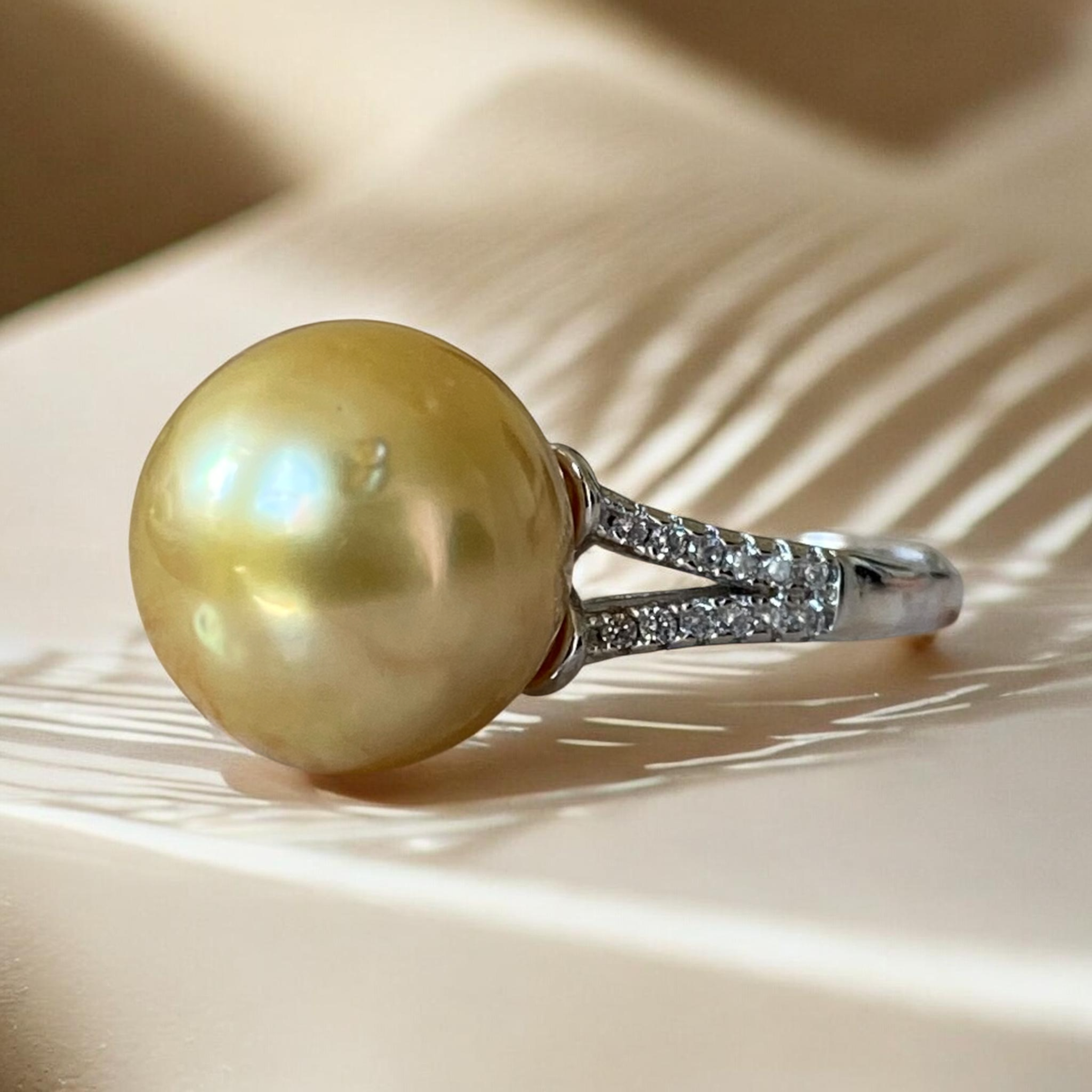 South Sea, Golden Pearl Ring in Rhinestone Split Shank Silver Setting, Adjustable Band, Size M ½ - Q ½