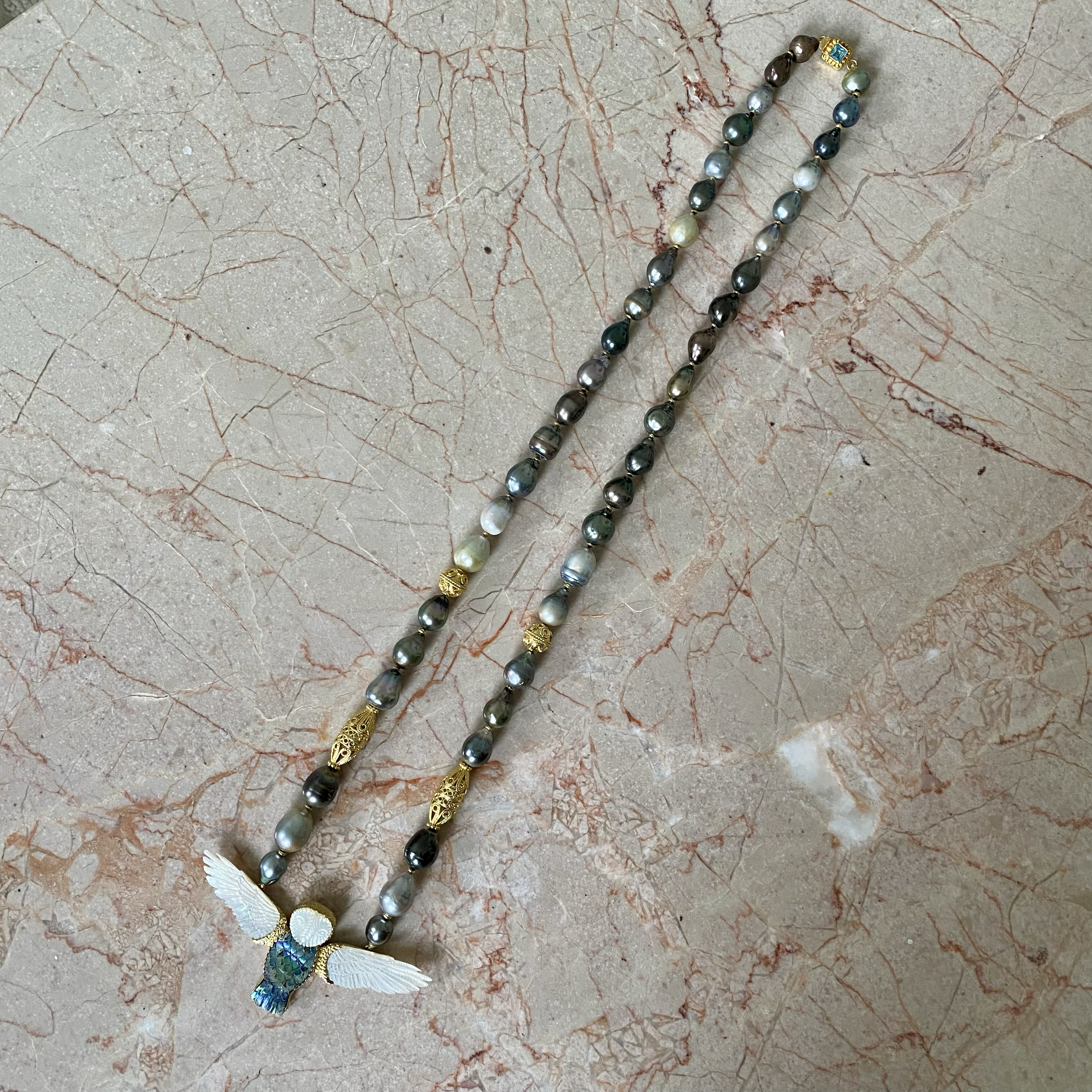 By Danilova, Dark Peacock Pearl, Mother of Pearl & Paul Shell Owl Pendant, Opera:Rope Necklace9.png