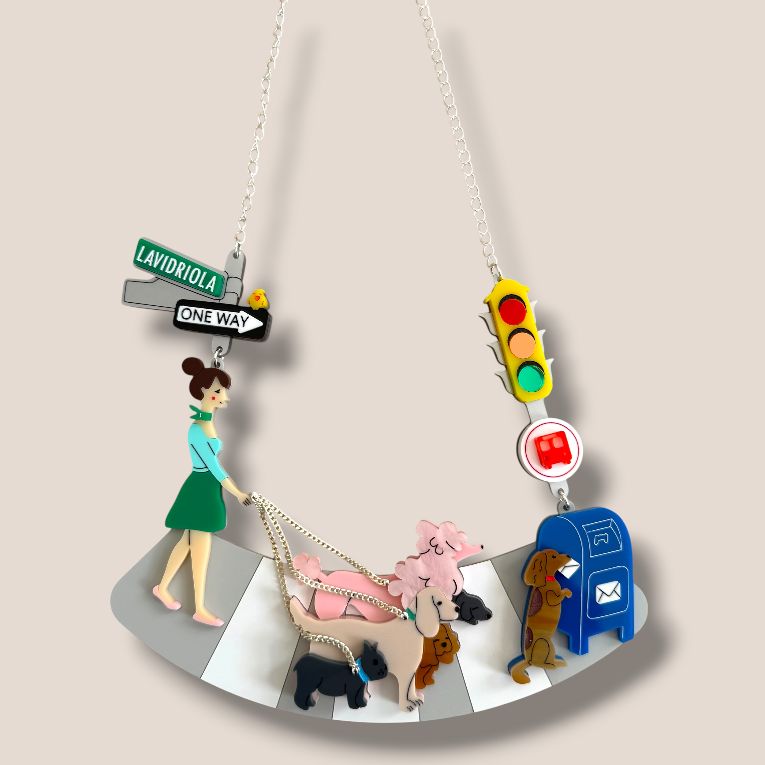 La Vidriola, Dog Walking Fun, Acrylic Necklace