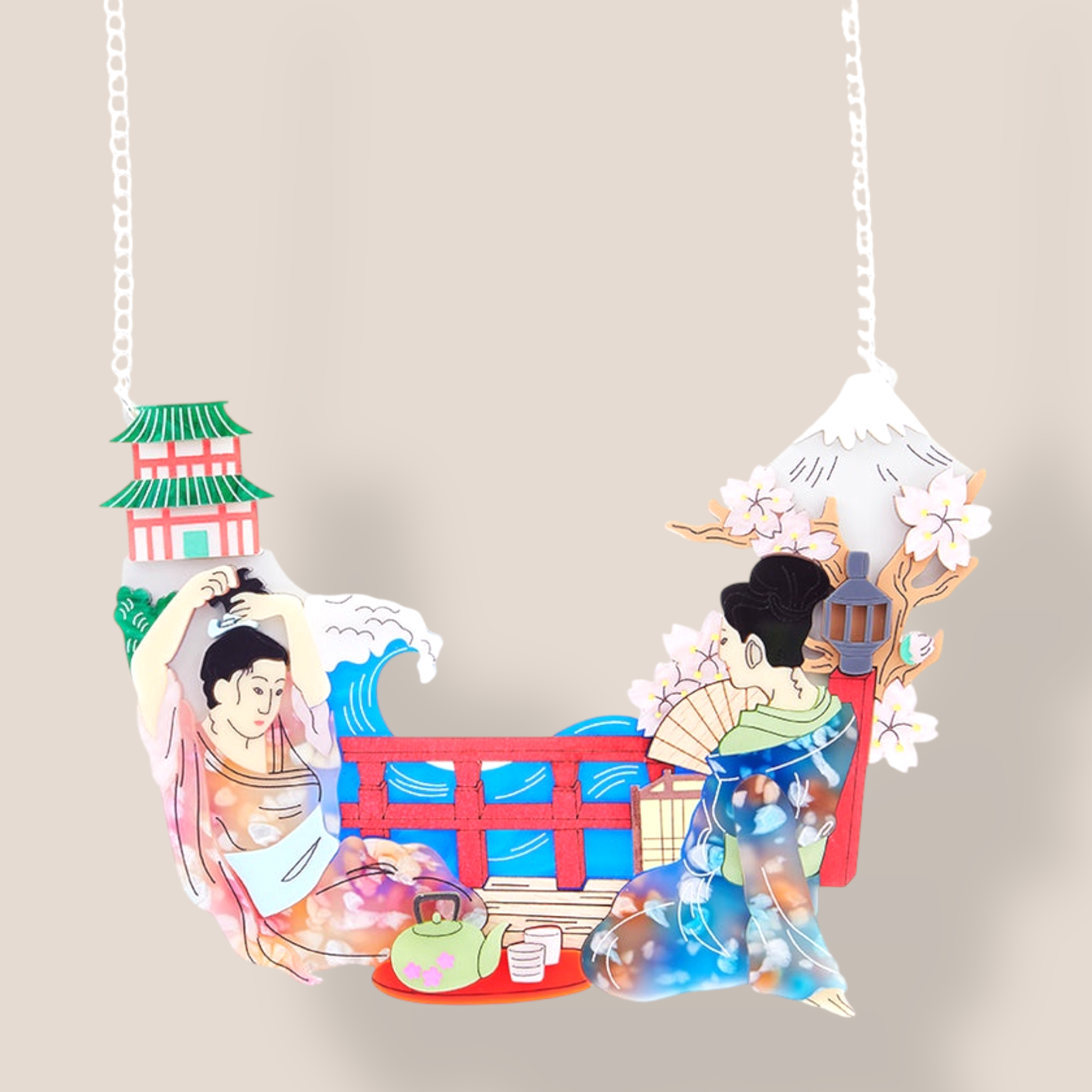 La Vidriola, Ukiyo-e Japanese Print Inspired, Statement Necklace