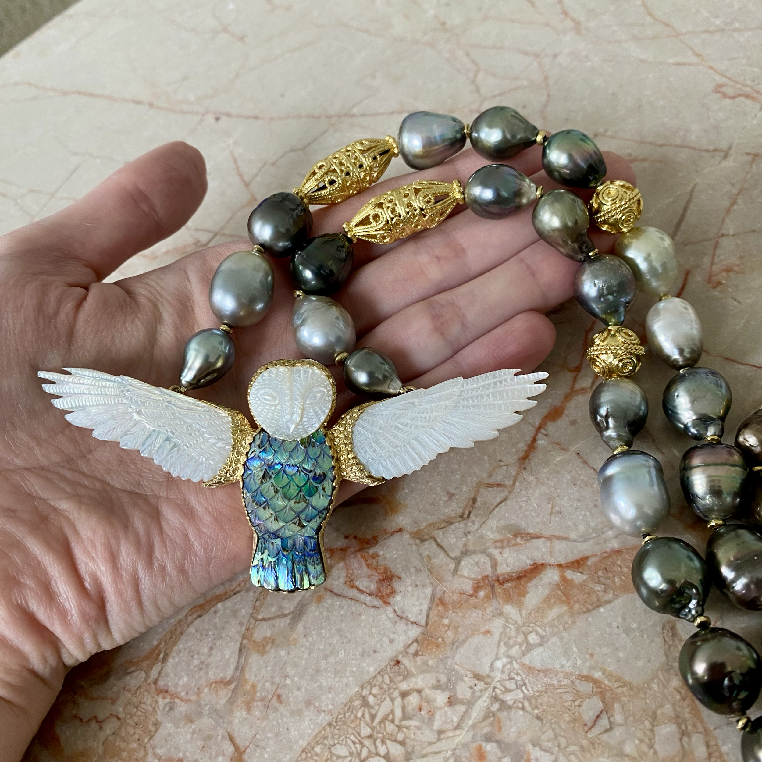 By Danilova, Dark Peacock Pearl, Mother of Pearl & Paul Shell Owl Pendant, Opera:Rope Necklace18.png