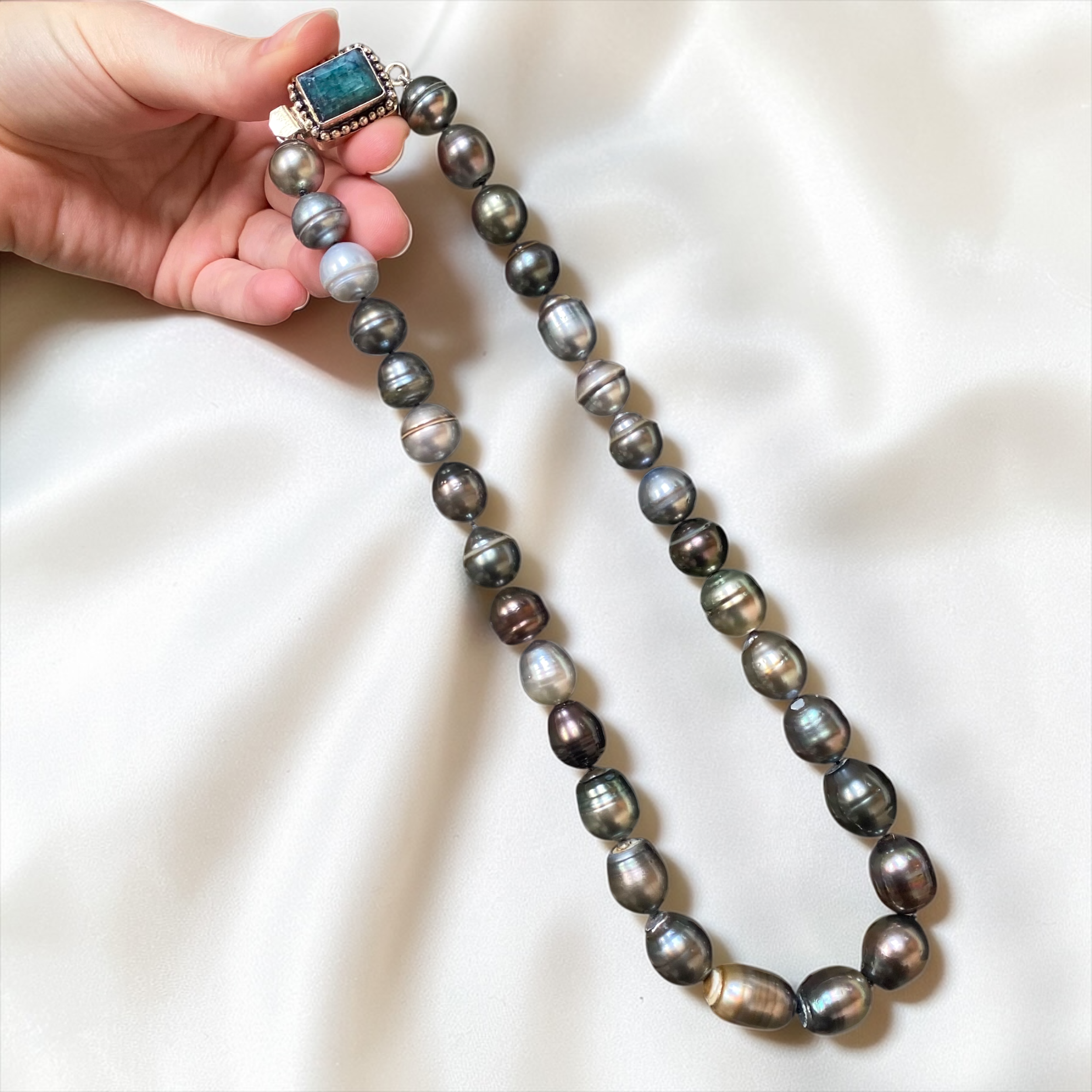 By Danilova, Dark Peacock Pearl and Gemstone Clasp Necklace13.PNG