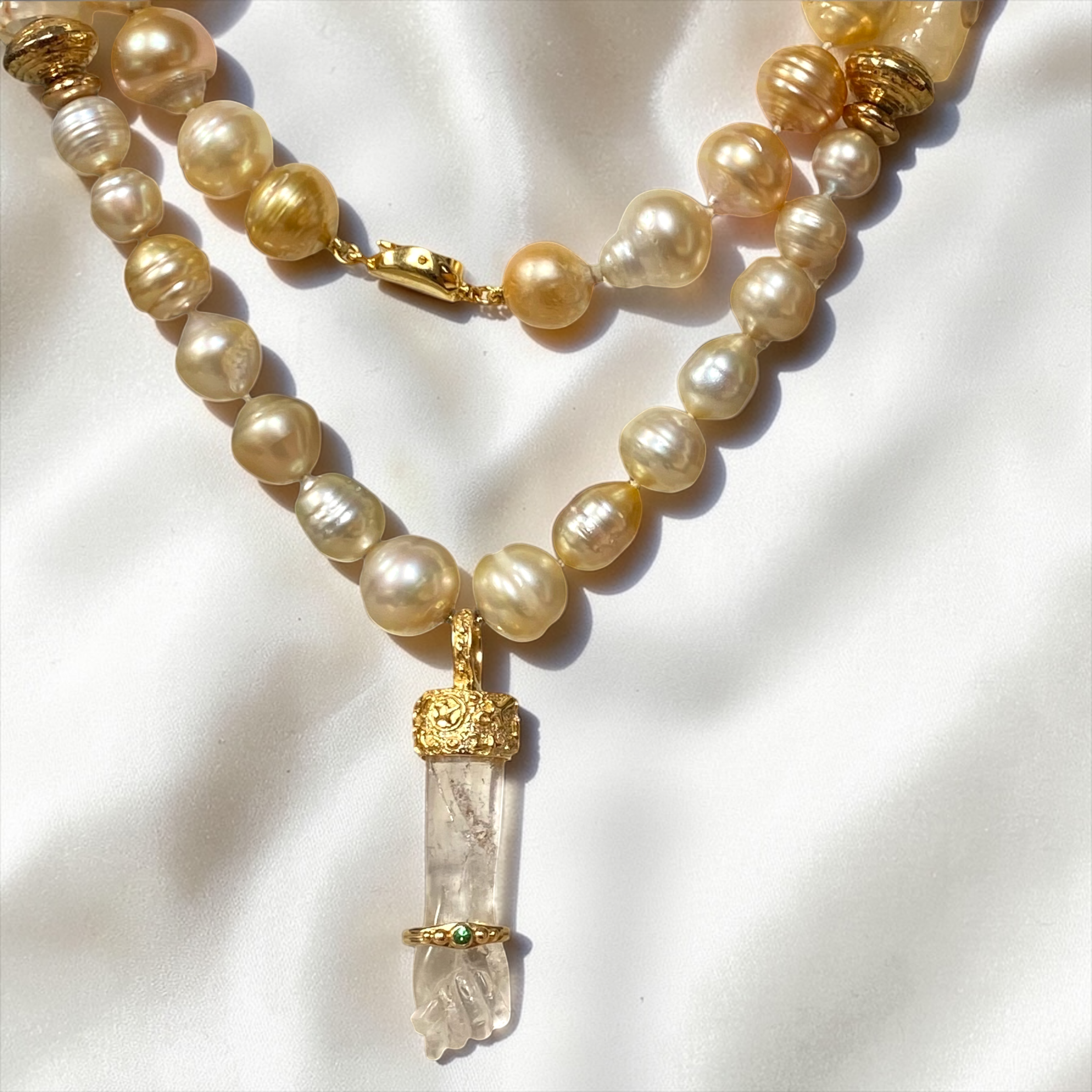 By Danilova, Gold Pearl, Rock Crystal & Peridot Pendant Rope Necklace4.PNG