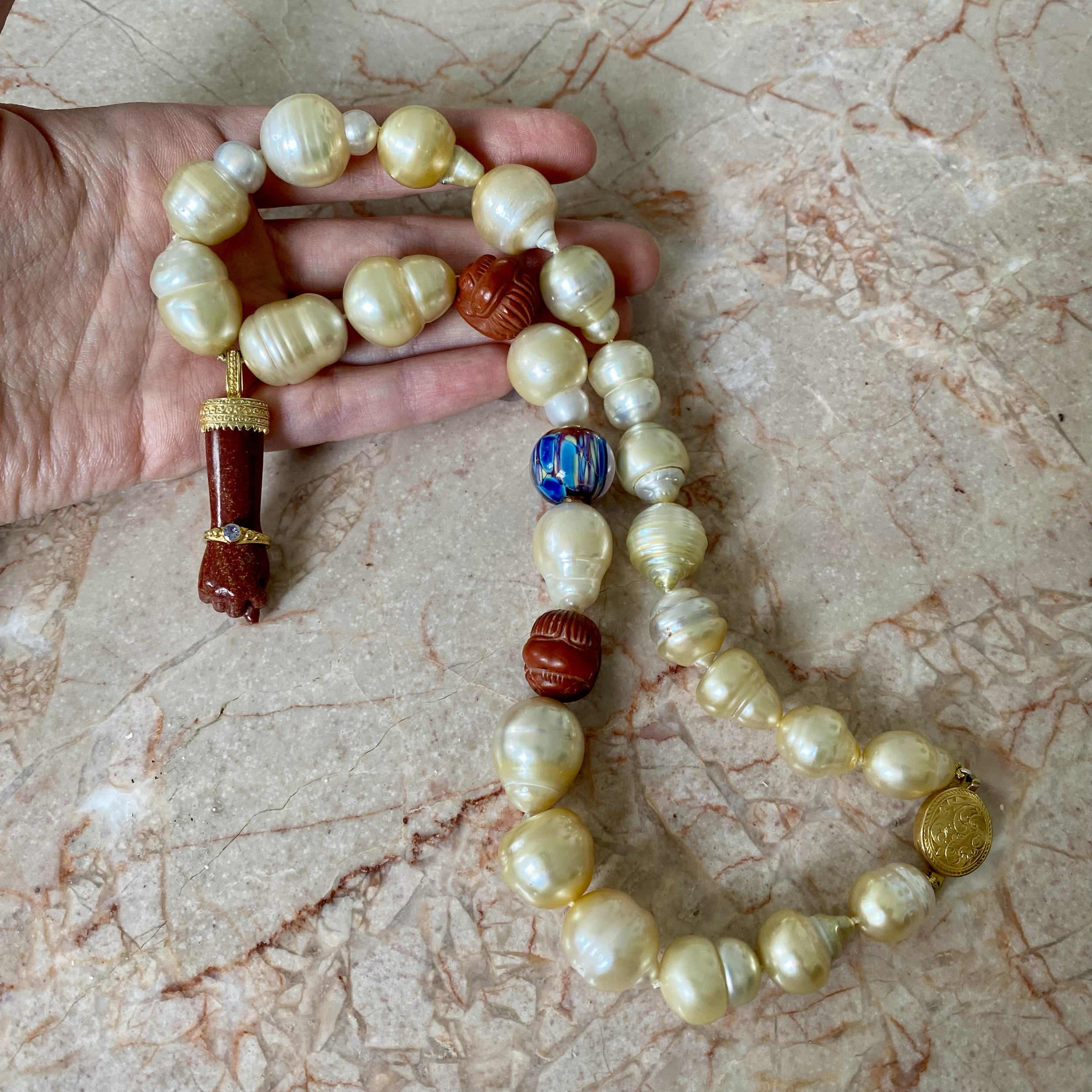 By Danilova, Extra Large White Pearl, Jasper & Sapphire Pendant Necklace15.png