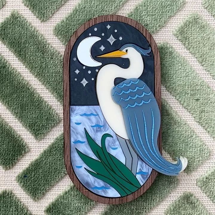Danilova Jewellery, Peppy Chapette, Moonlight Blue Heron (2022) Acrylic Brooch1.jpg