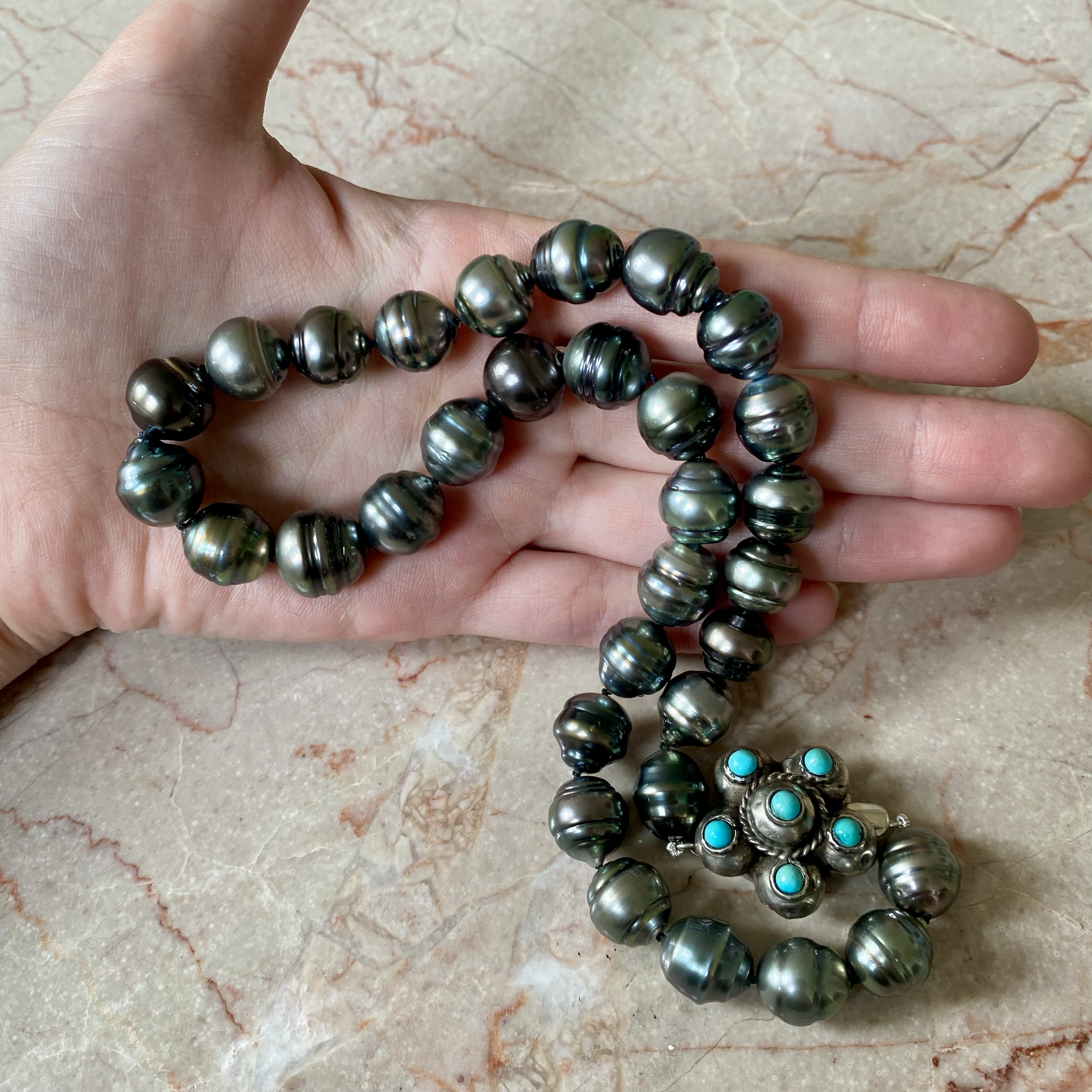 By Danilova, Dark Peacock Pearl and Turquoise Clasp Necklace16.png