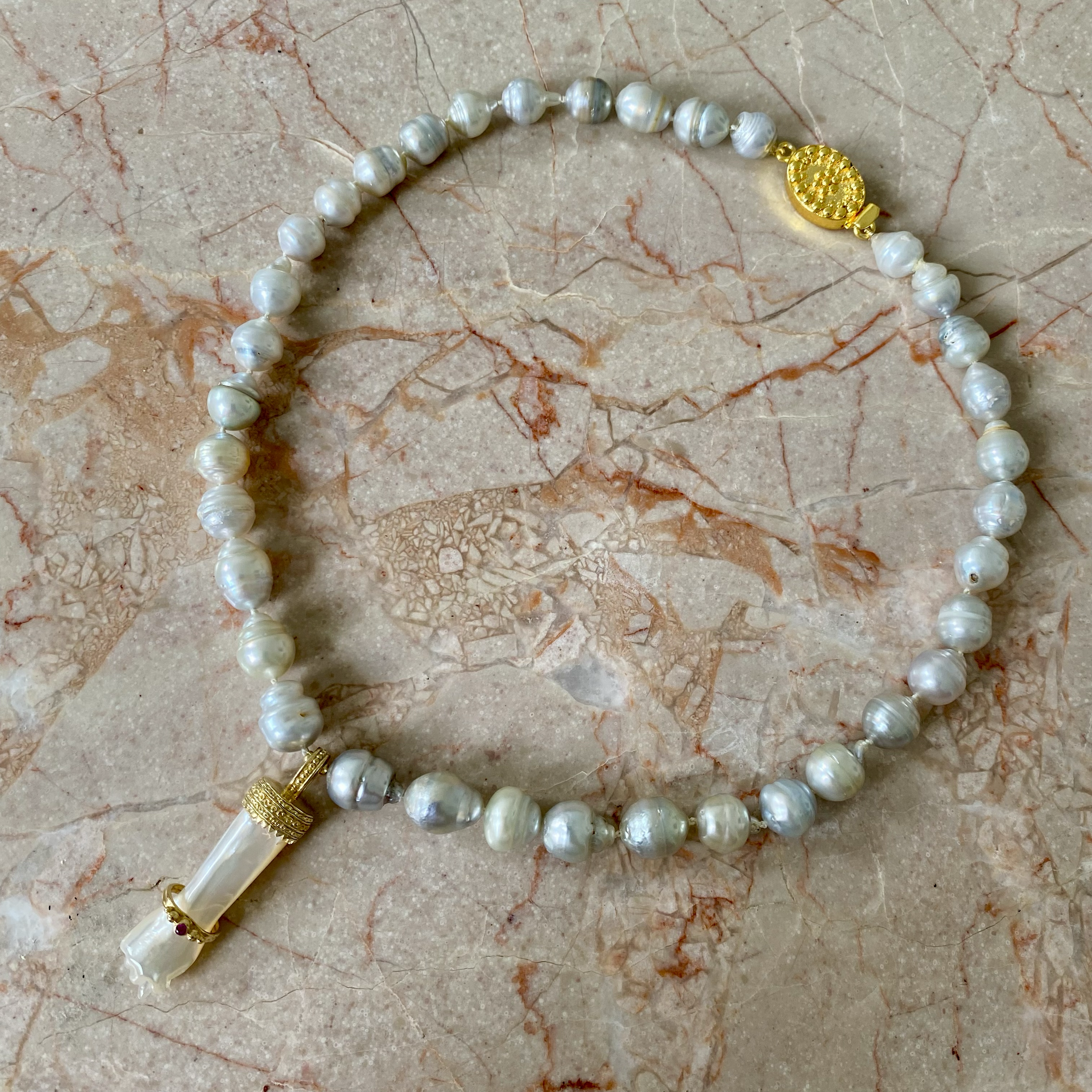 By Danilova, Silver Baroque Pearl, Mother-of-Pearl & Pink Ruby Pendant, Necklace8.png