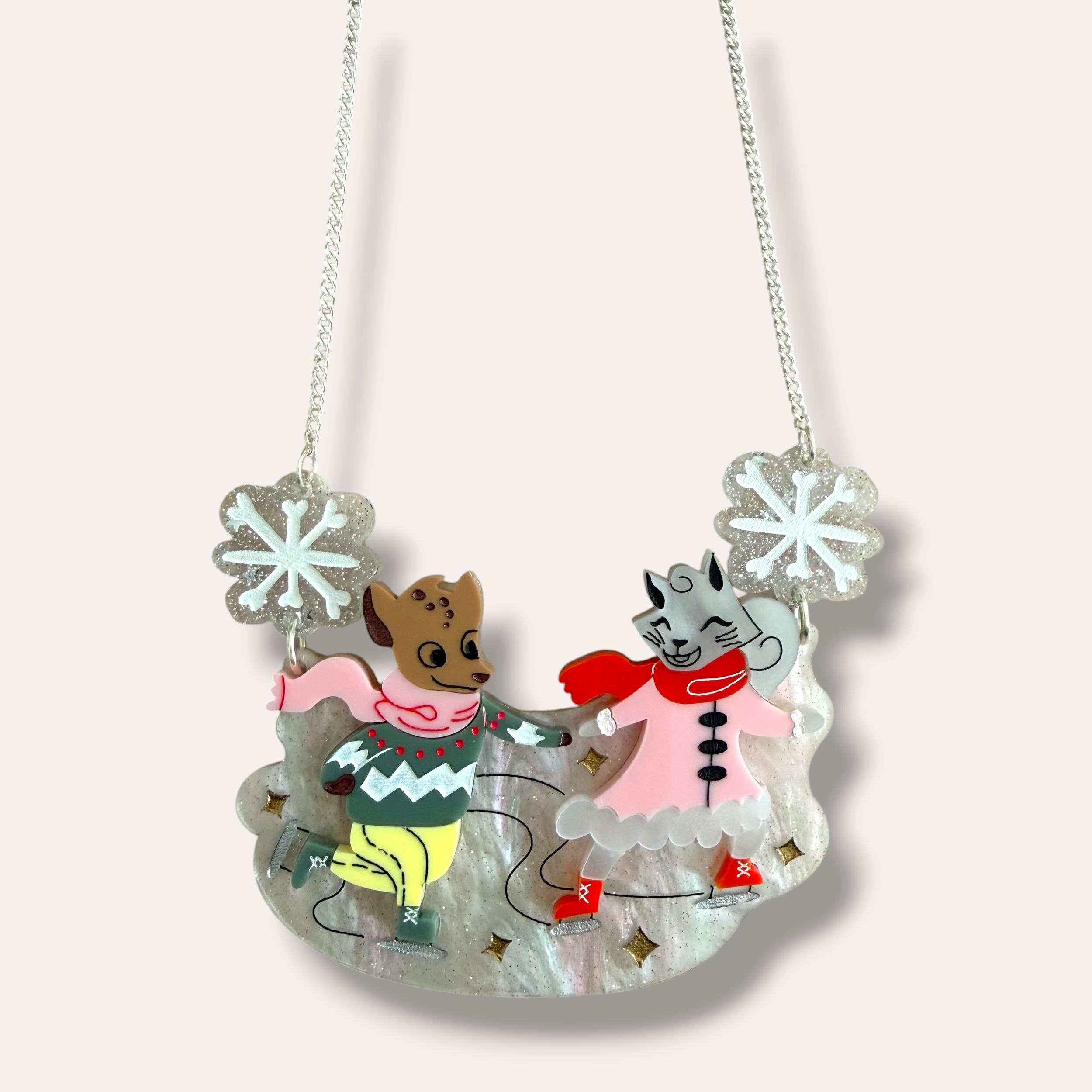 La Vidriola, Ice Skating in a Winter Wonderland, Acrylic Necklace