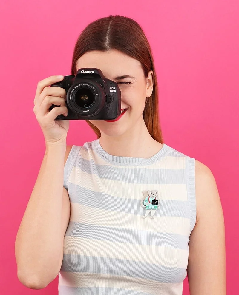Danilova, La Vidriola, Gotta Get That Shot! Cat Tourism, Acrylic Brooch2.jpg