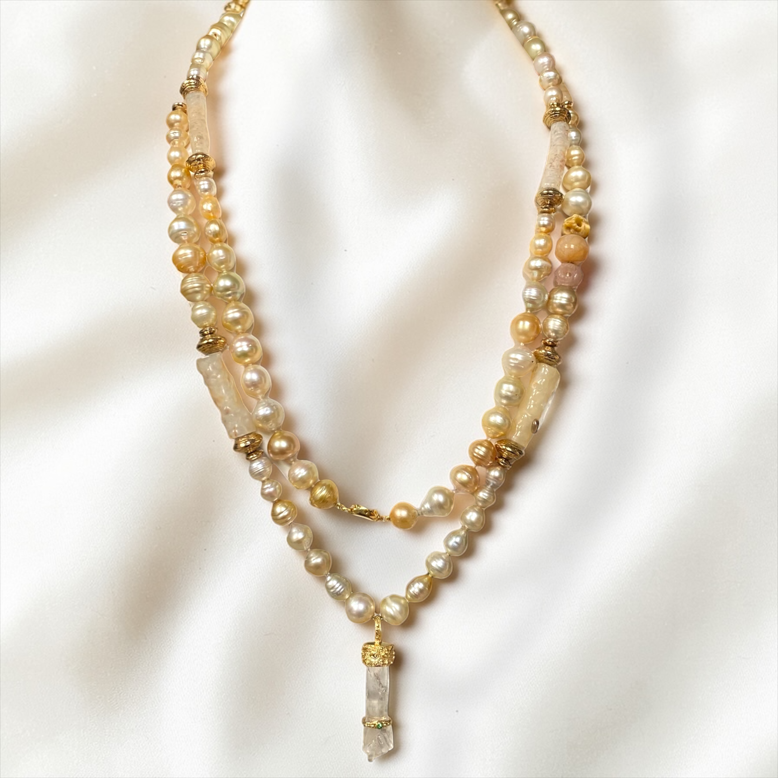 By Danilova, Gold Pearl, Rock Crystal & Peridot Pendant Rope Necklace1.PNG