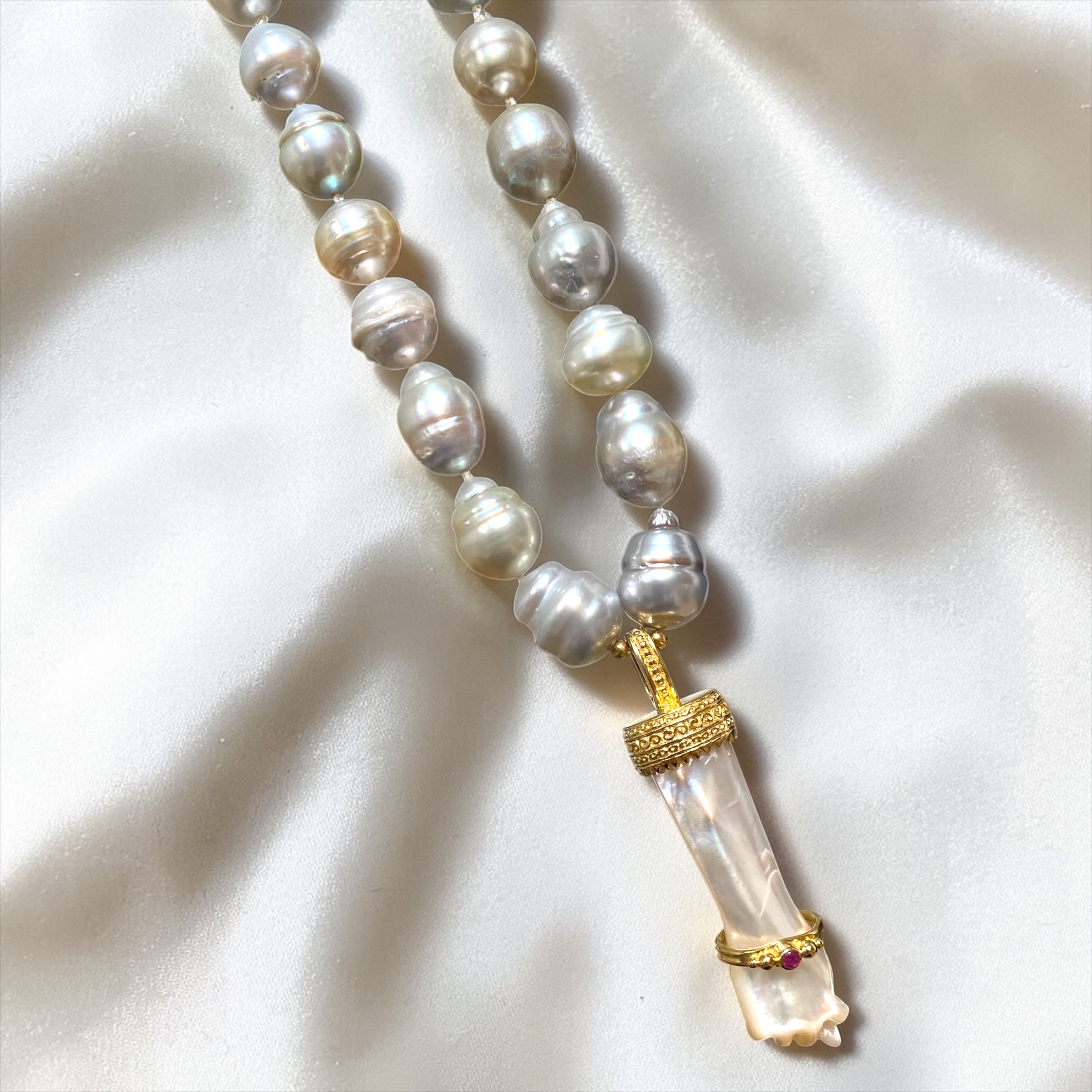 By Danilova, Silver Baroque Pearl, Mother-of-Pearl & Pink Ruby Pendant, Necklace11.PNG