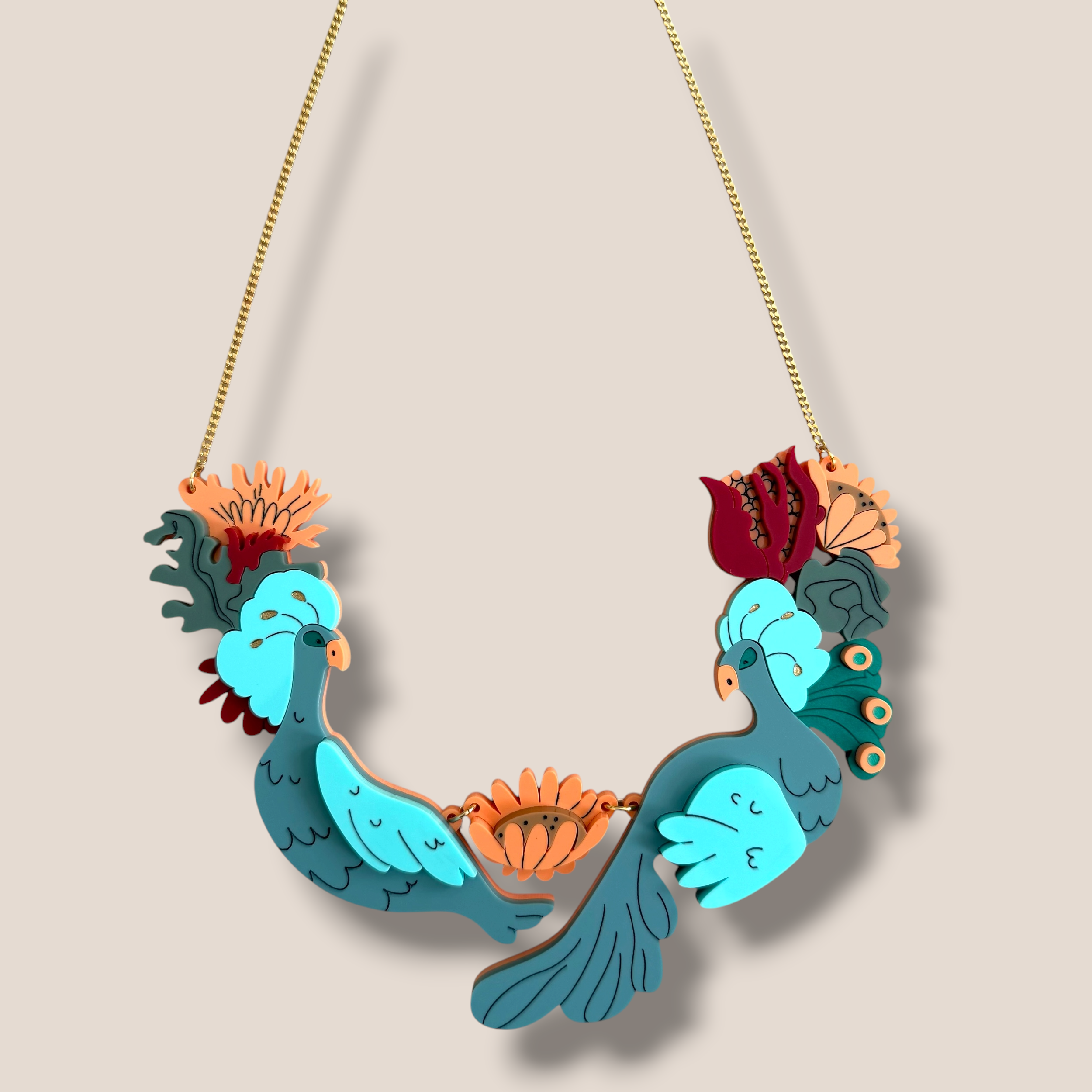 La Vidriola, Elegant Peacock, Acrylic Necklace