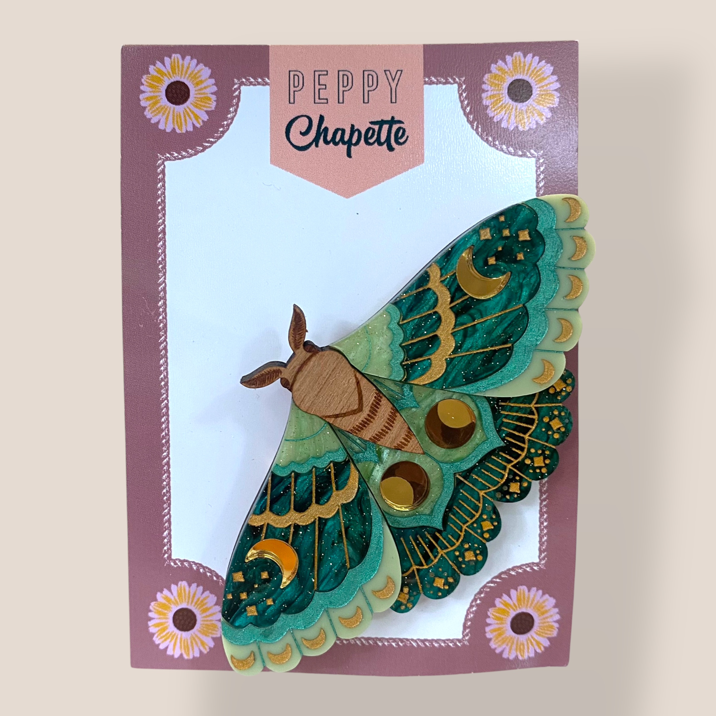 Danilova Jewellery, Peppy Chapette, Emerald Witch Moth (2022) Acrylic Brooch2.png