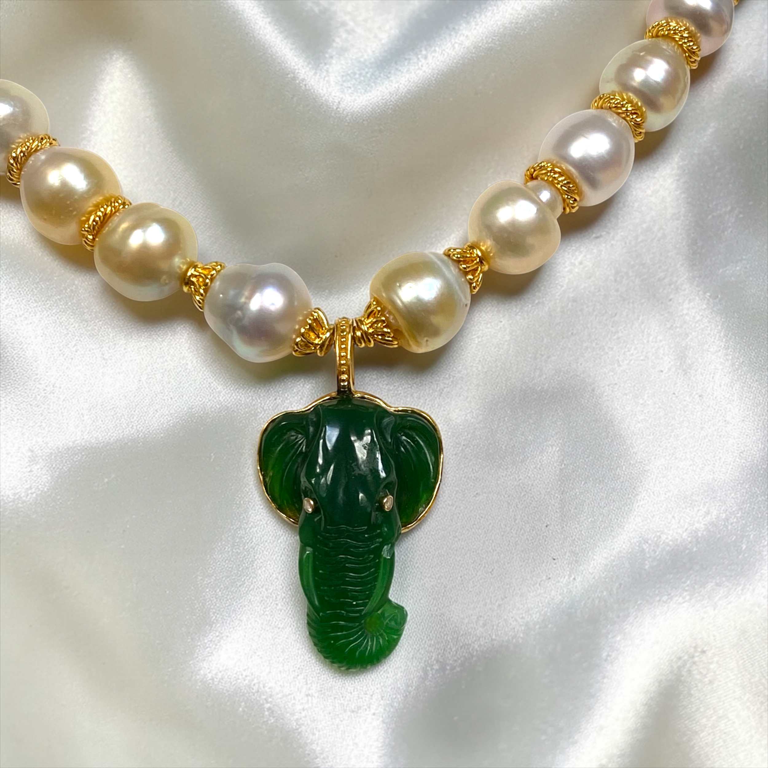 By Danilova, White Pearl, Jade & Diamond Elephant Pendant Necklace1.PNG