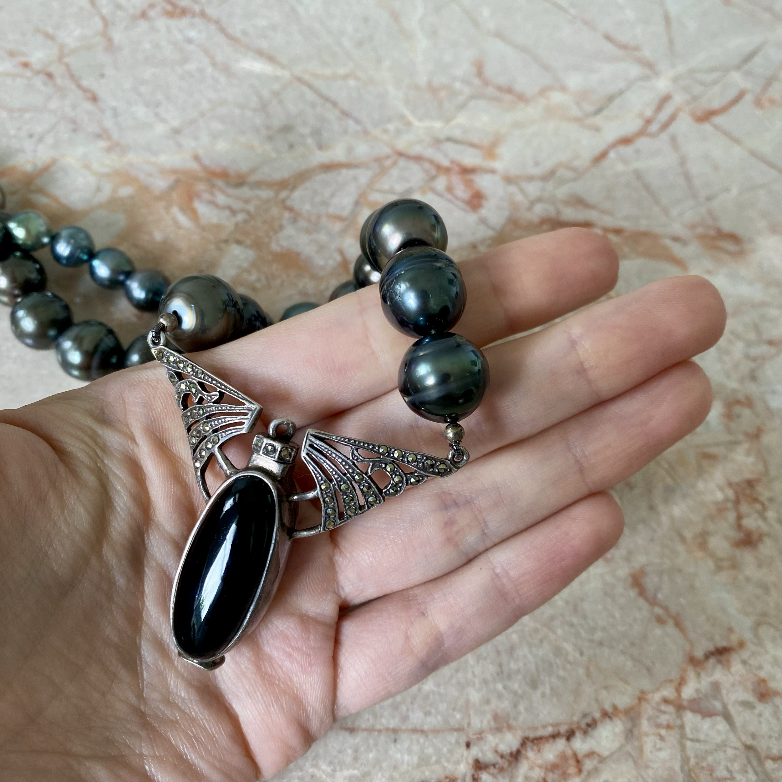 By Danilova, Dark Peacock Pearl & Antique Agate Pendant Necklace9.png