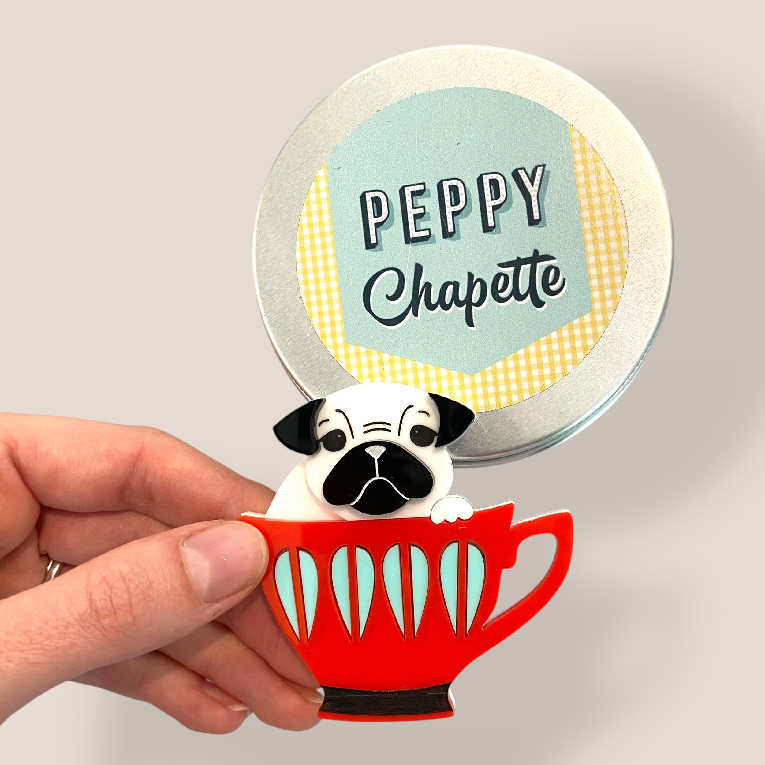 Danilova Jewellery, Peppy Chapette, Pug Cup Percy (2017) Acrylic Brooch4.png