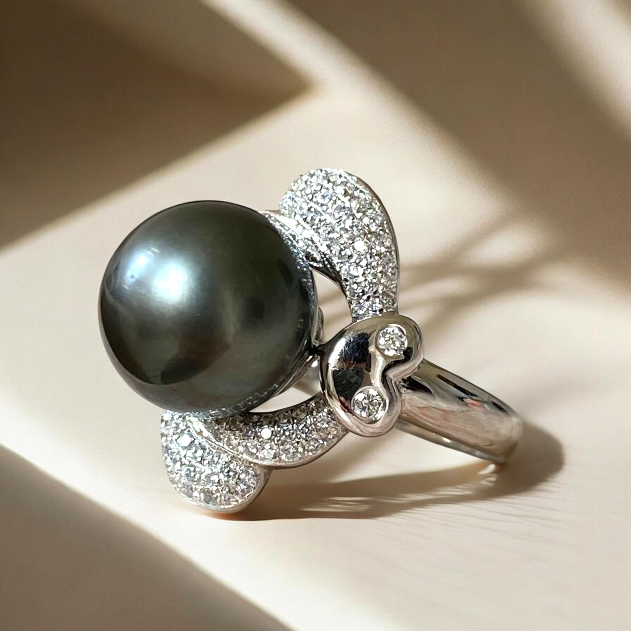 Tahitian, Black Pearl Ring in Rhinestone Scalloped-Halo Silver Setting, Size L ½