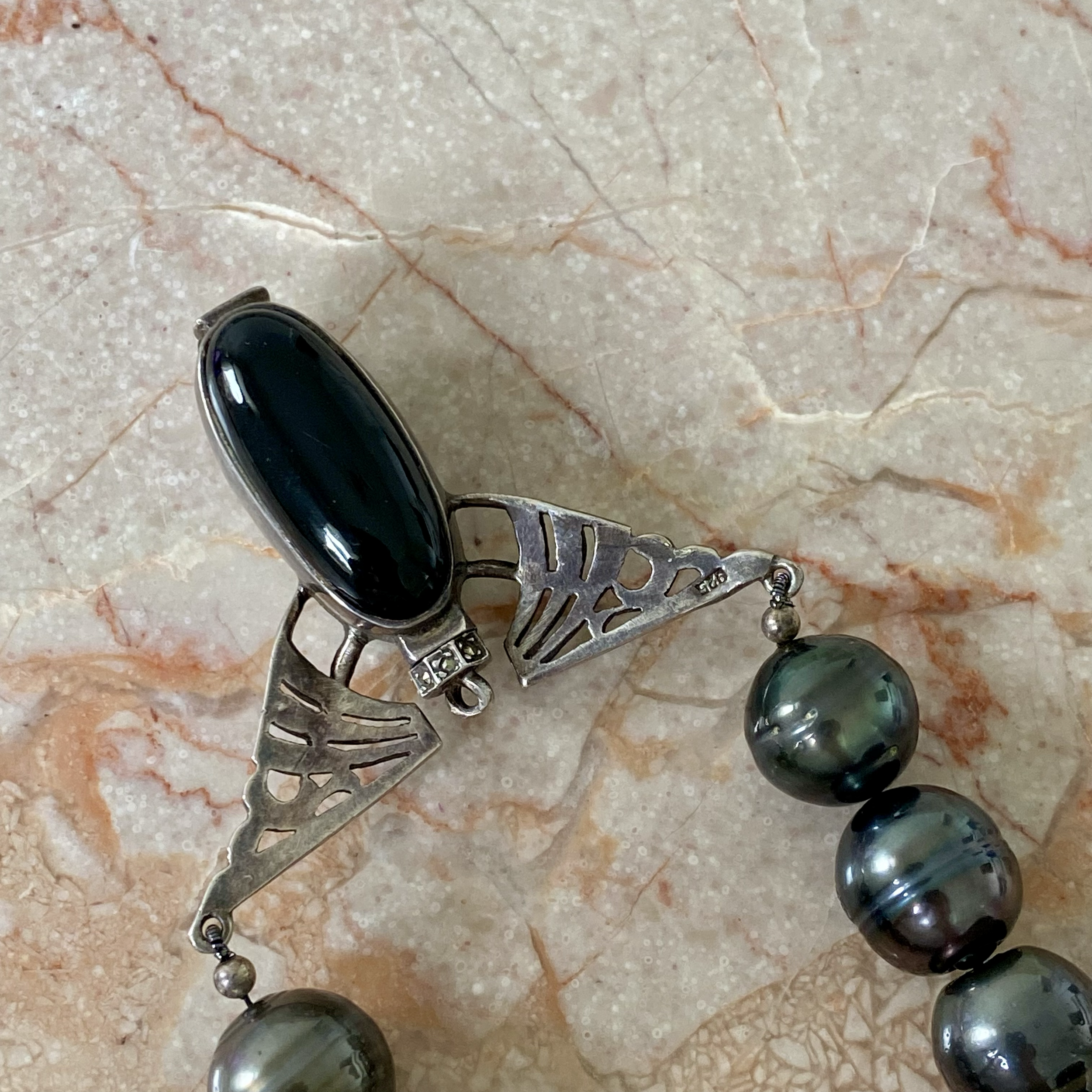 By Danilova, Dark Peacock Pearl & Antique Agate Pendant Necklace7.png