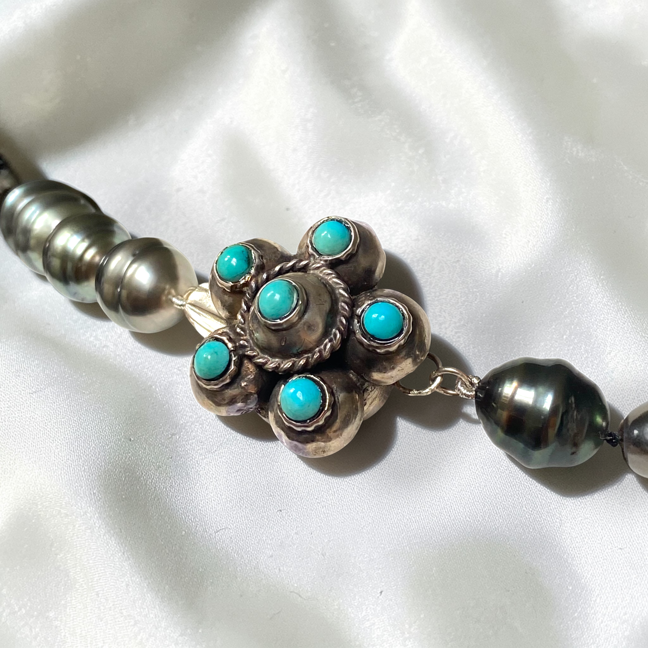 By Danilova, Dark Peacock Pearl and Turquoise Clasp Necklace6.PNG
