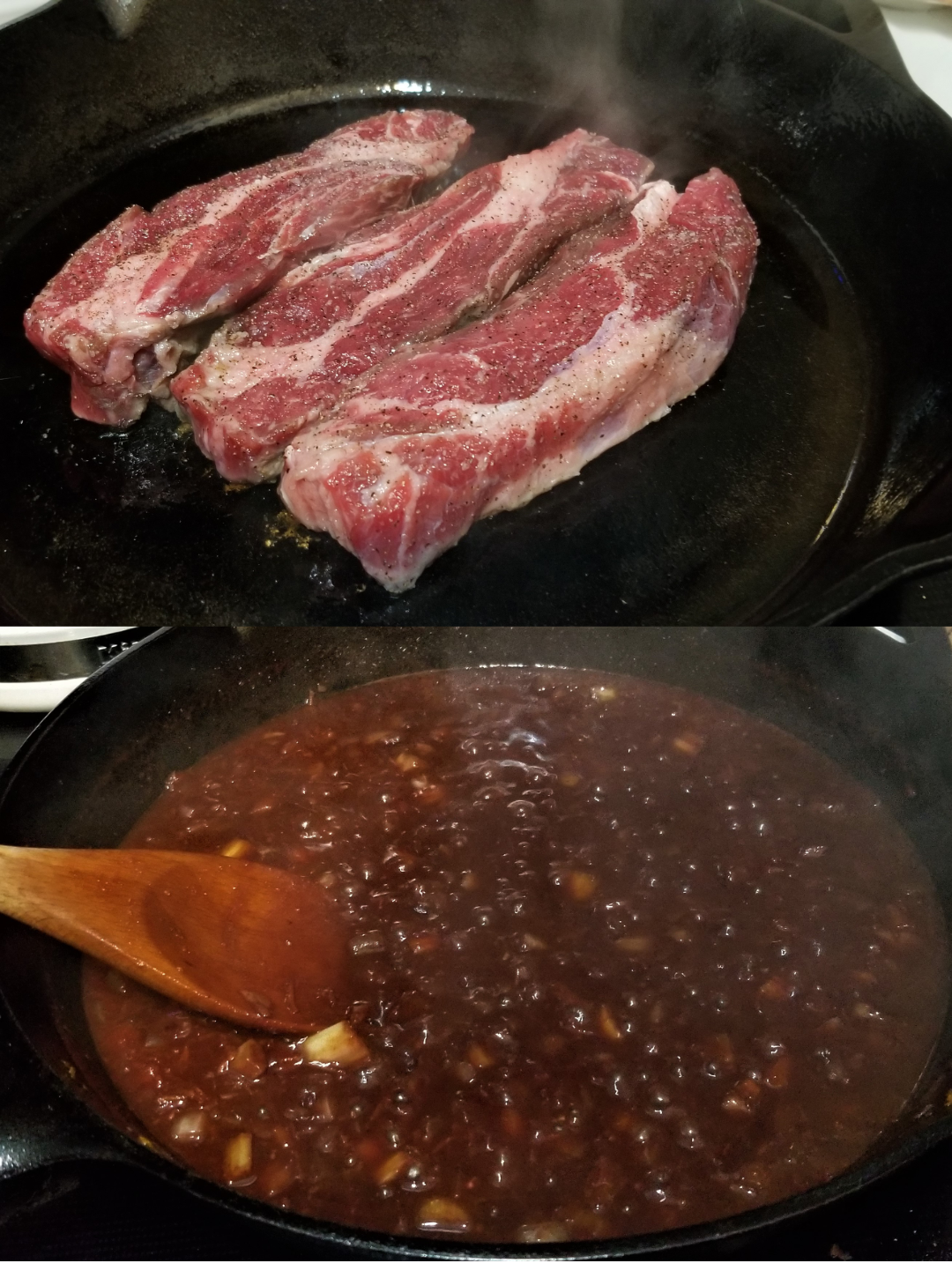 Searing the ribs and making the glaze.