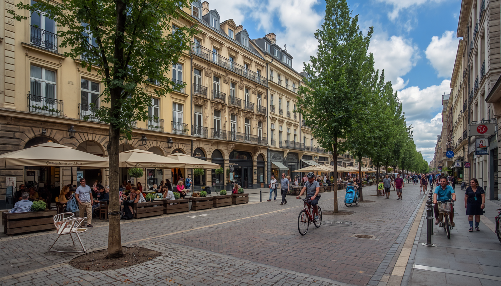 Amazing walkable European-style urban planning scene, charming pedestrian street with cobblestones, elegant historic buildings with cafes and shops, tree-lined boulevard, people walking and cycling, outdoor seating areas, beautiful architec.jpg