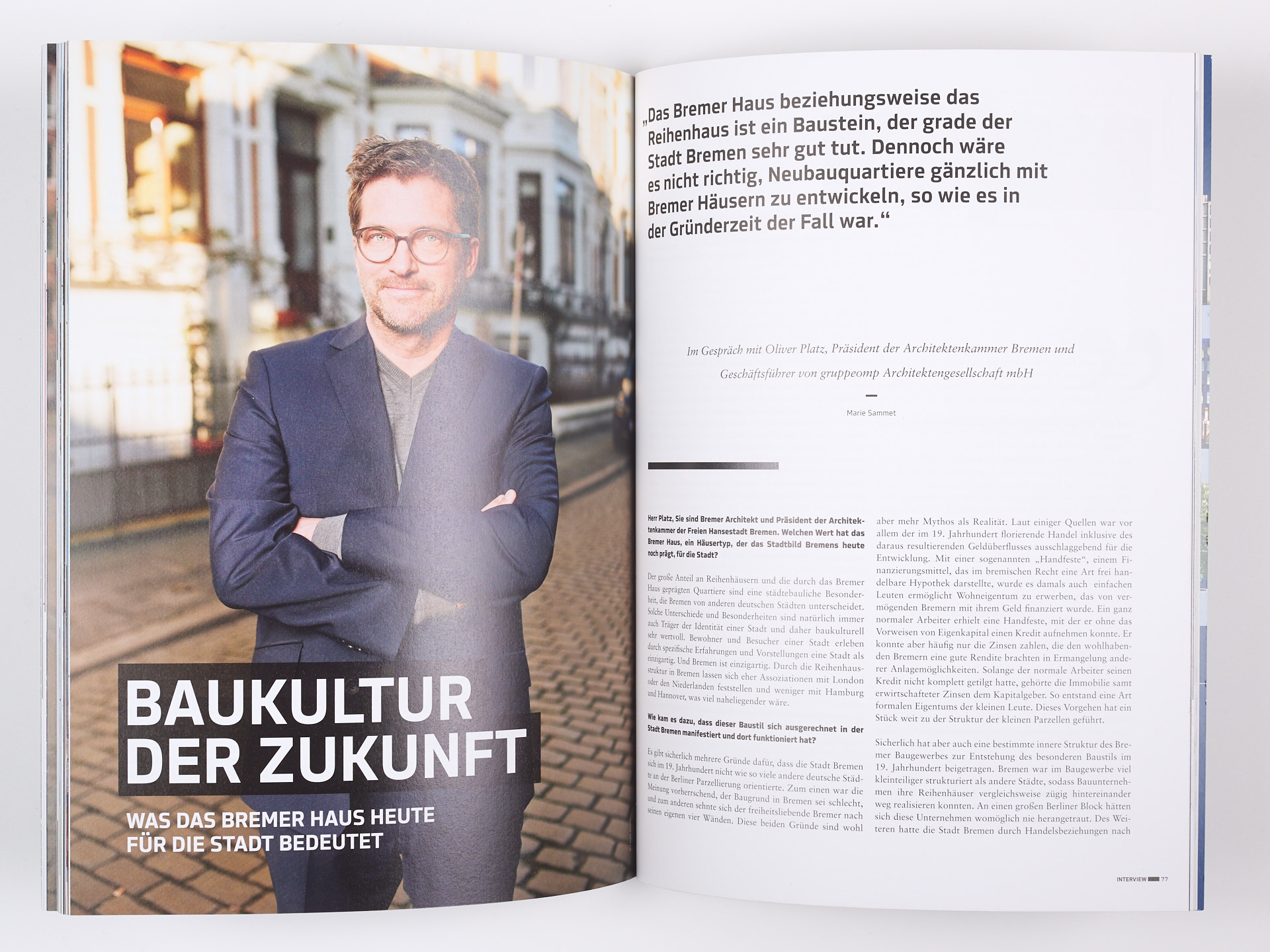 Reproduktion: Porträt des Präsidenten der Architektenkammer der freien Hansestadt Bremen, Oliver Platz im Magazin für Urban Development »metropolis«, erschienen 02/2019