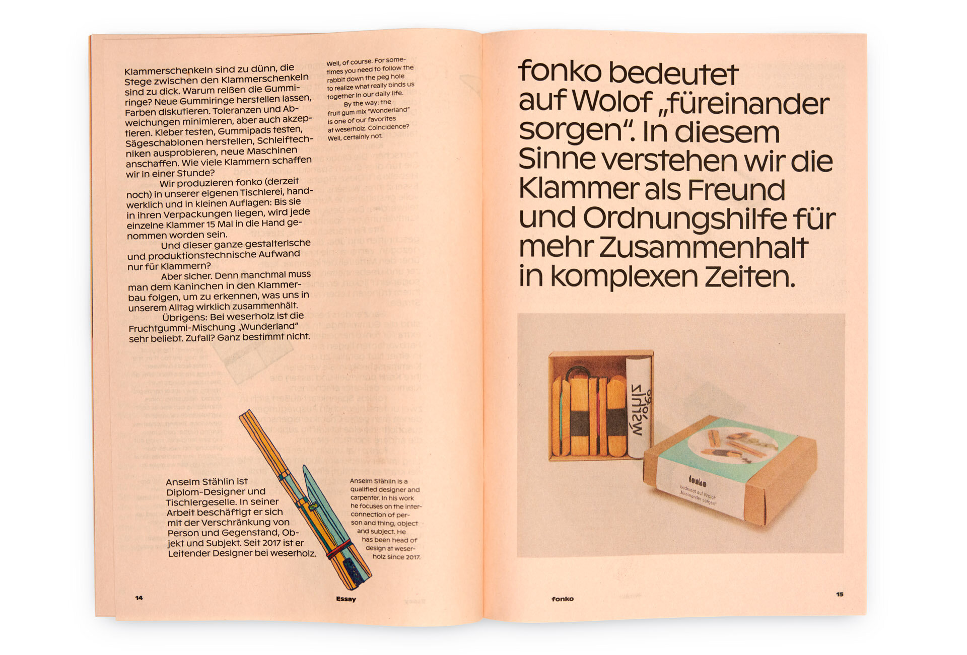  Reproduktion: Doppelseite aus »Bulletin No. 2« von weserholz – Produktabbildung mit Verpackung, Weißer Hintergrund 