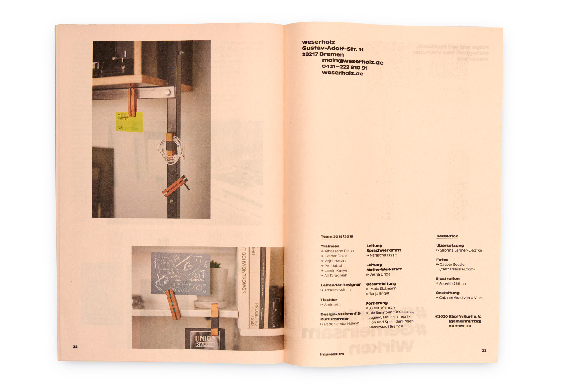  Reproduktion: Doppelseite aus »Bulletin No. 2« von weserholz –Beispielbilder Klammer an Metallregal 