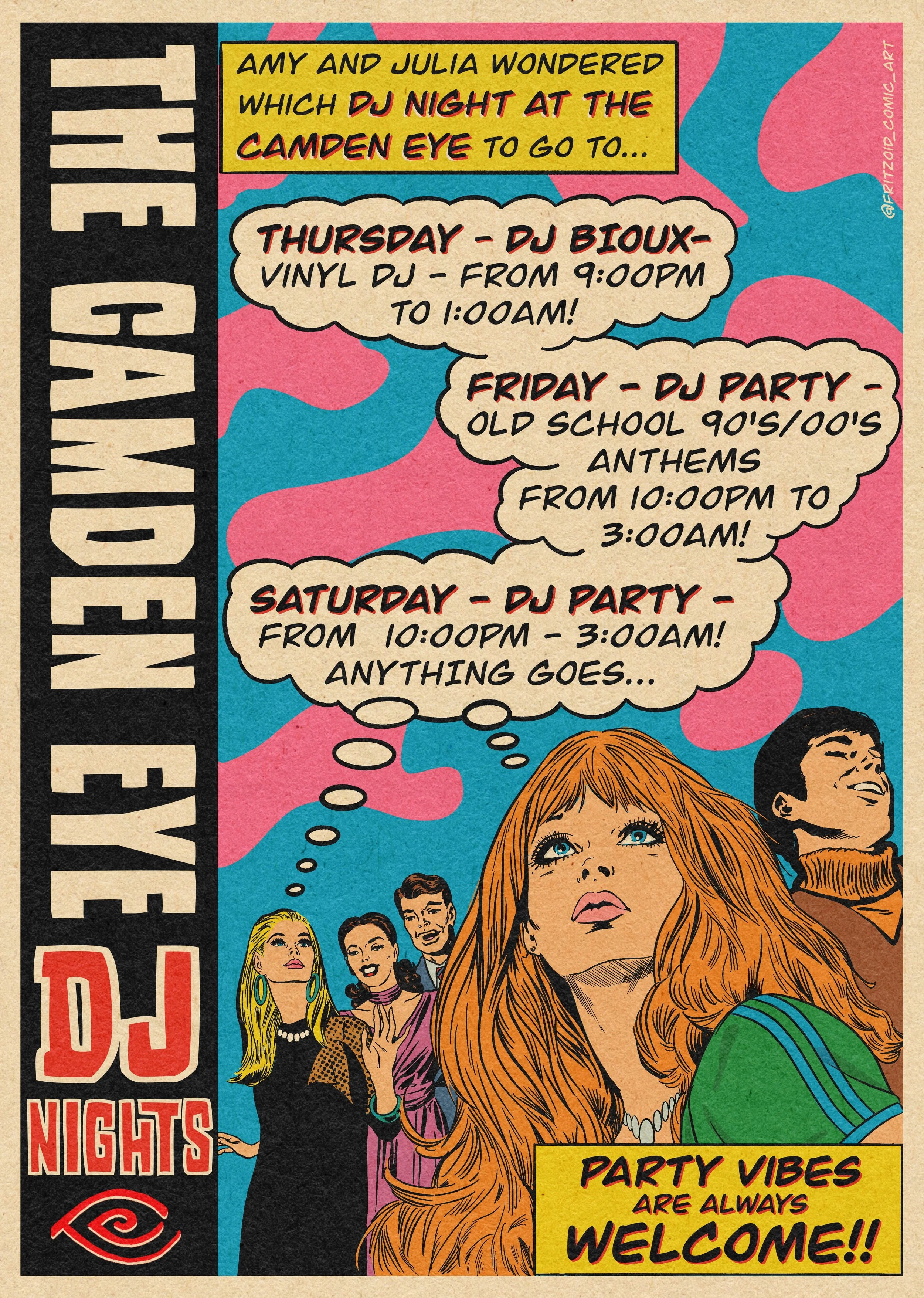 A colorful comic-style illustration featuring a group of diverse young people at parties with speech bubbles advertising DJ nights, party vibes, and welcoming atmospheres.
