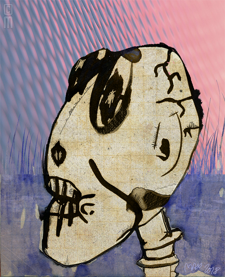 Skull, '81, brushed ink on bond, remixed '18