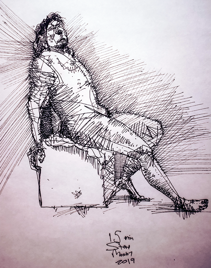 Steve. 15 minute pose, gel pen on bond, March 7