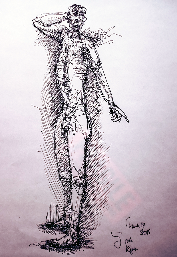 Ryan, five minute pose, gel pen on bond, March 14