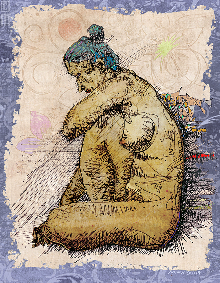 Starla, Feb. 28 pose, gel pen on bond, remixed in Procreate