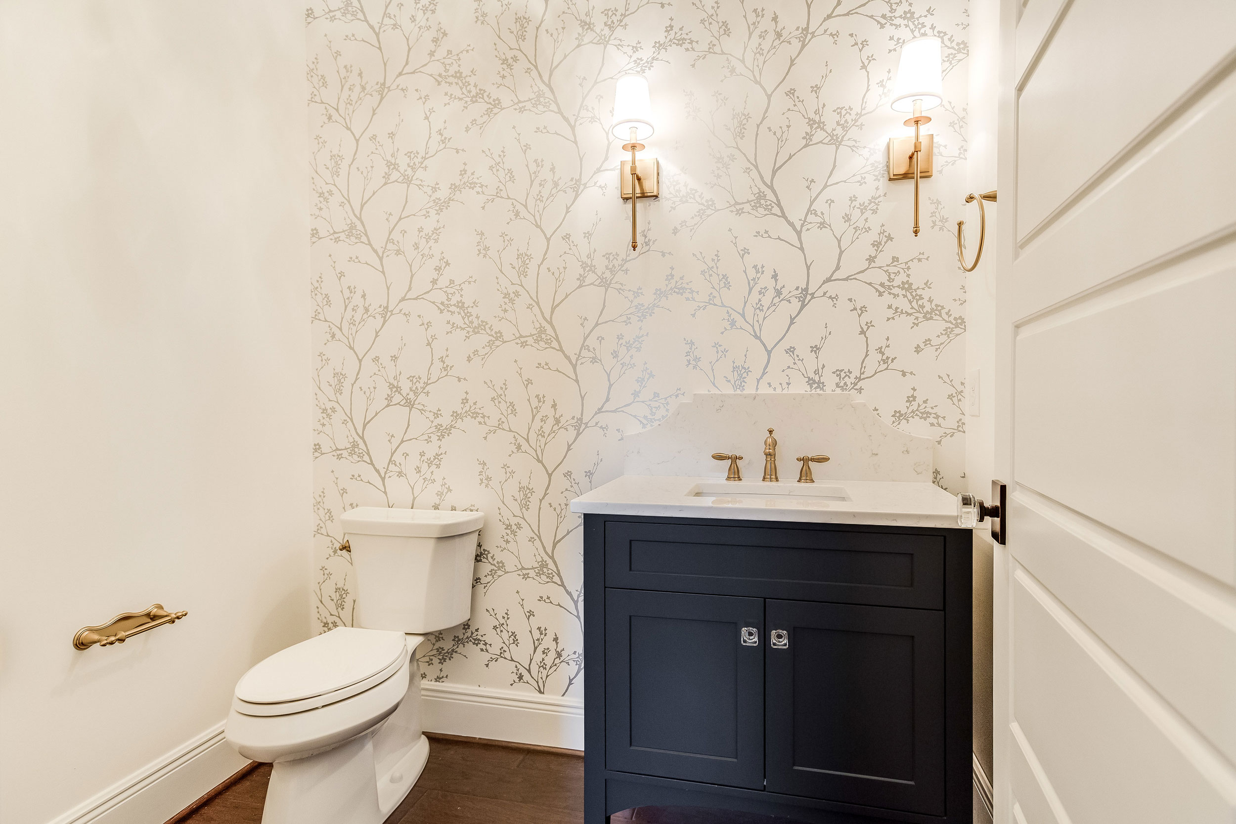 pic Powder Room Navy And White Wallpaper toulmin cabinetry