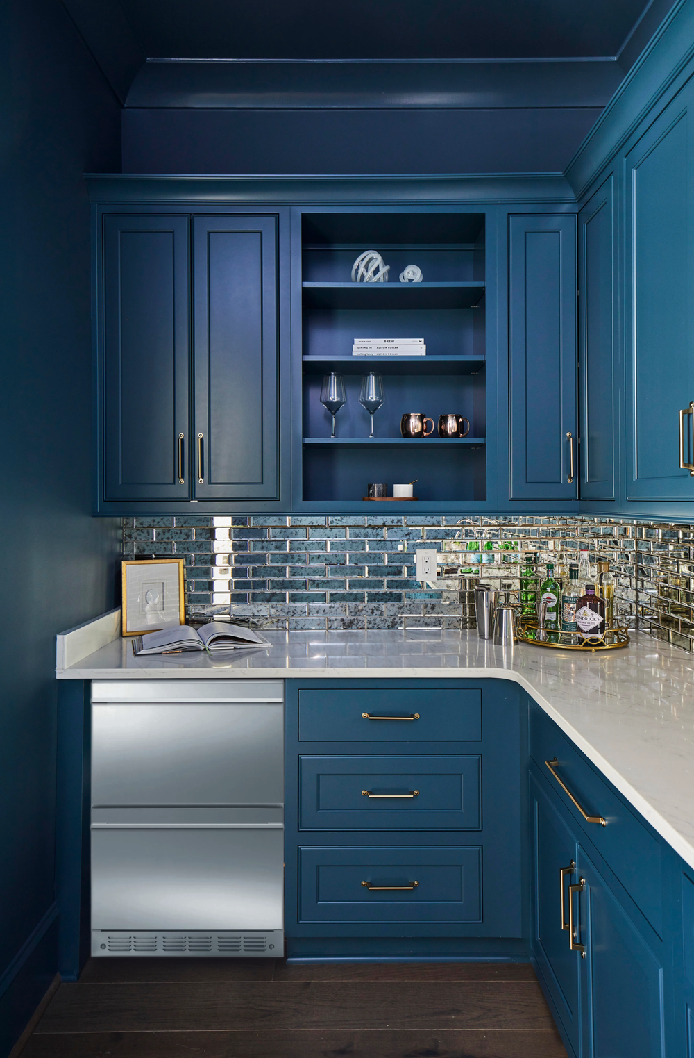 Wet Bar With Blue Cabinetry