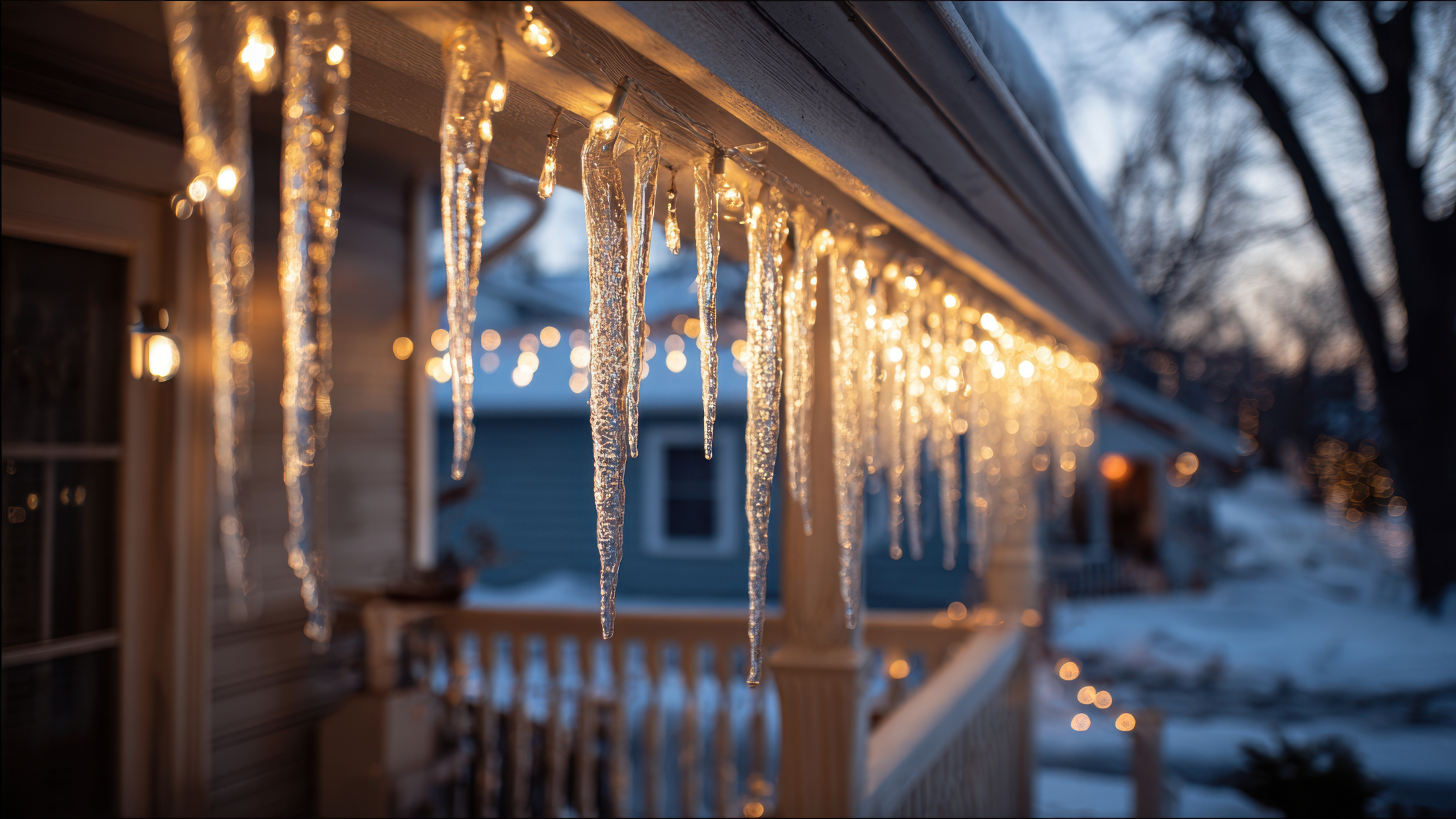 Icicles hanging from the edge of a home’s roofline, illuminated by warm string lights during winter, with snow-covered houses softly blurred in the background.