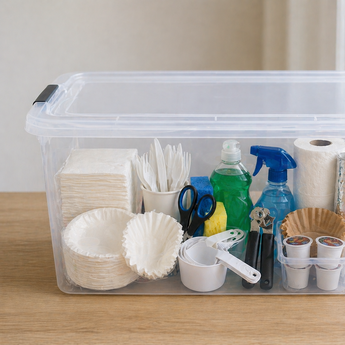 Clear plastic storage tote filled with kitchen essentials like napkins, coffee filters, scissors, measuring cups, dish soap, and a can opener for easy access during a remodel.