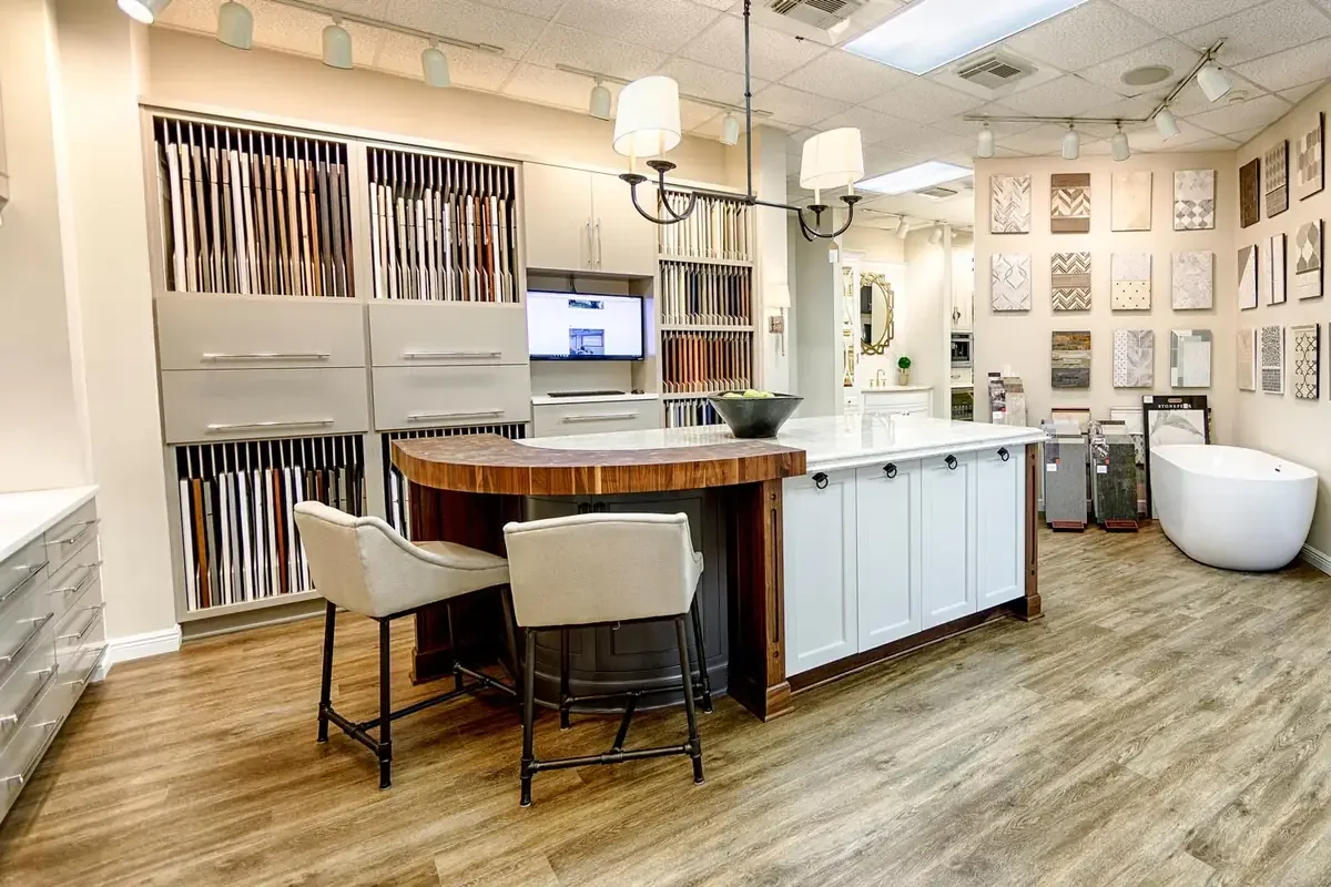Custom home office design showroom at Toulmin Kitchen & Bath featuring built-in cabinetry, workspace solutions, and remodeling inspiration in Tuscaloosa, Alabama.
