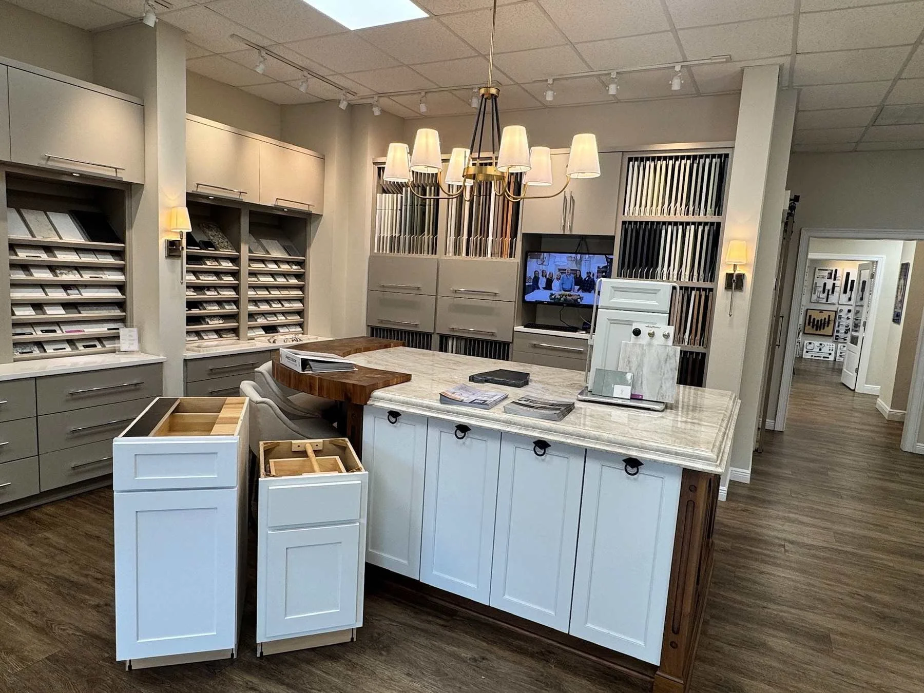 Toulmin Kitchen & Bath design studio in Tuscaloosa with cabinetry, countertop and finish samples.
