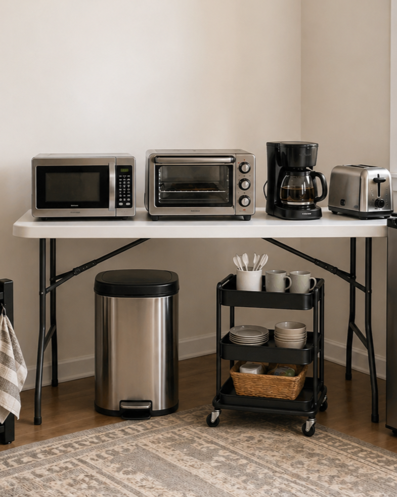Temporary kitchen setup with a microwave, countertop oven, coffee maker, trash can, and plastic utensils arranged on a simple table for use during a home remodel.