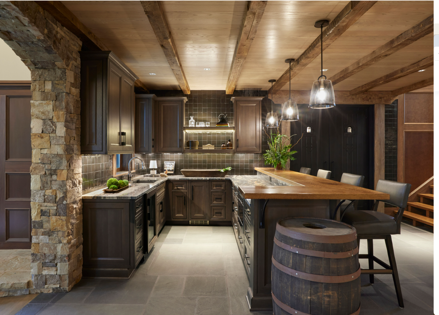 Custom Dark Wood Cabinetry and Home Bar