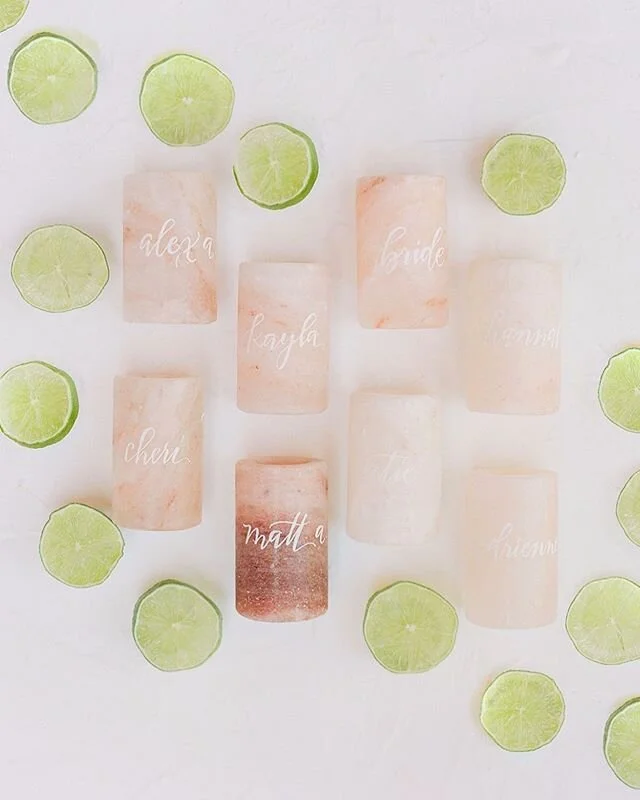 Happy Cinco de Mayo! It feels like the perfect day to share these Himalayan salt shot glasses from Aly &amp; CJ&rsquo;s wedding! They were part of their escort name installation, and as each guest found their glass on the display they were poured a s