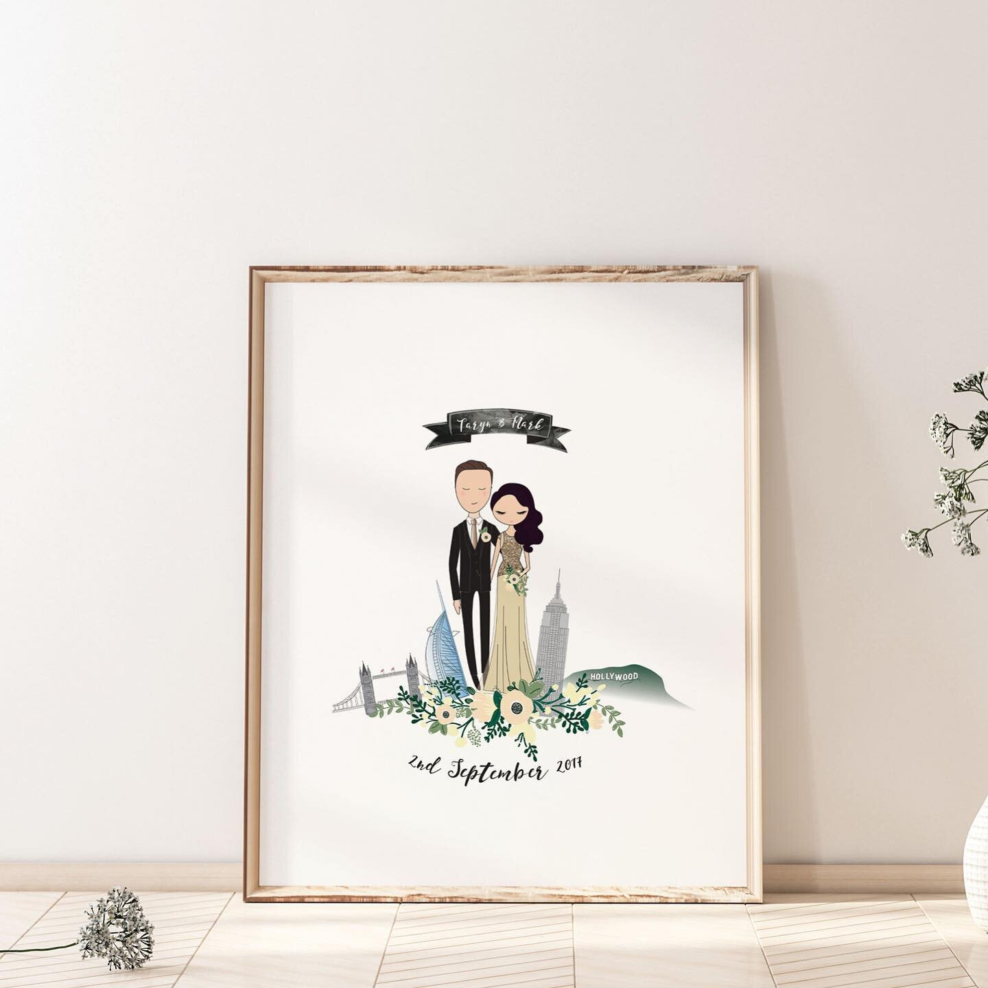 Cuteeeeee keepsake from a special day... a wedding portrait, this particular one features a skyline that tells a love story, places they&rsquo;ve lived, visited, sentimental places. 

#wedding #weddingportrait #weddingstationery #weddinginvite #weddi